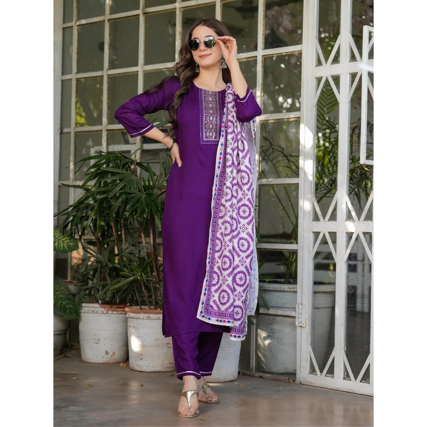 Navlik Women's Rayon Embroidered Straight Kurta with Pant And Dupatta Sets (MV-612) (Size XX-Large, Color Wine)