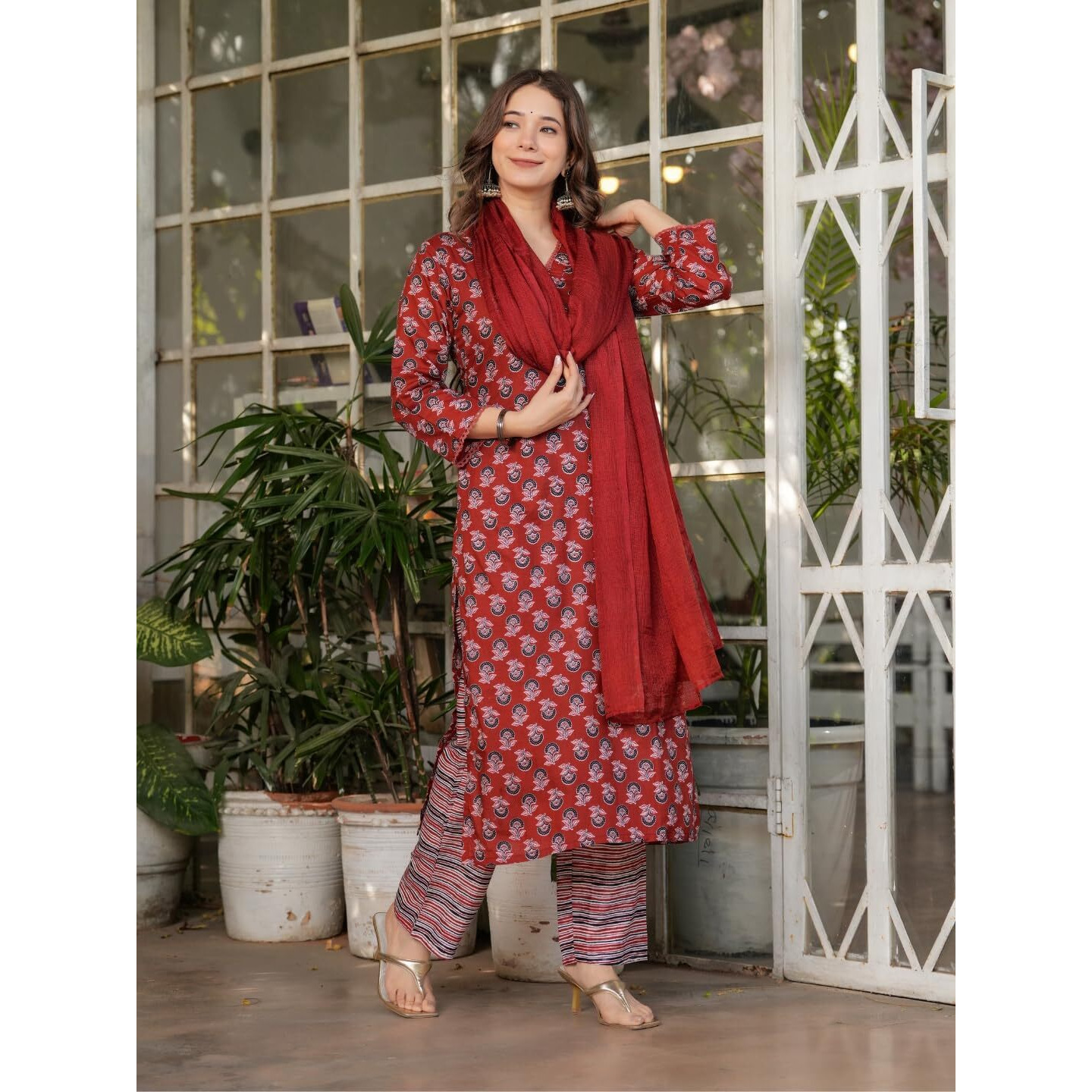 Navlik Women's Black Pure Cotton Printed Straight Kurta with Pure Organza Pant and Silk Kota Chex Dyed Dupatta Sets (NK-MV-615) (Size Large, Color Rust)