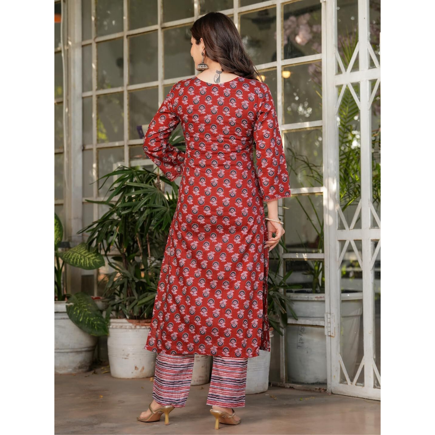 Navlik Women's Black Pure Cotton Printed Straight Kurta with Pure Organza Pant and Silk Kota Chex Dyed Dupatta Sets (NK-MV-615) (Size Large, Color Rust)