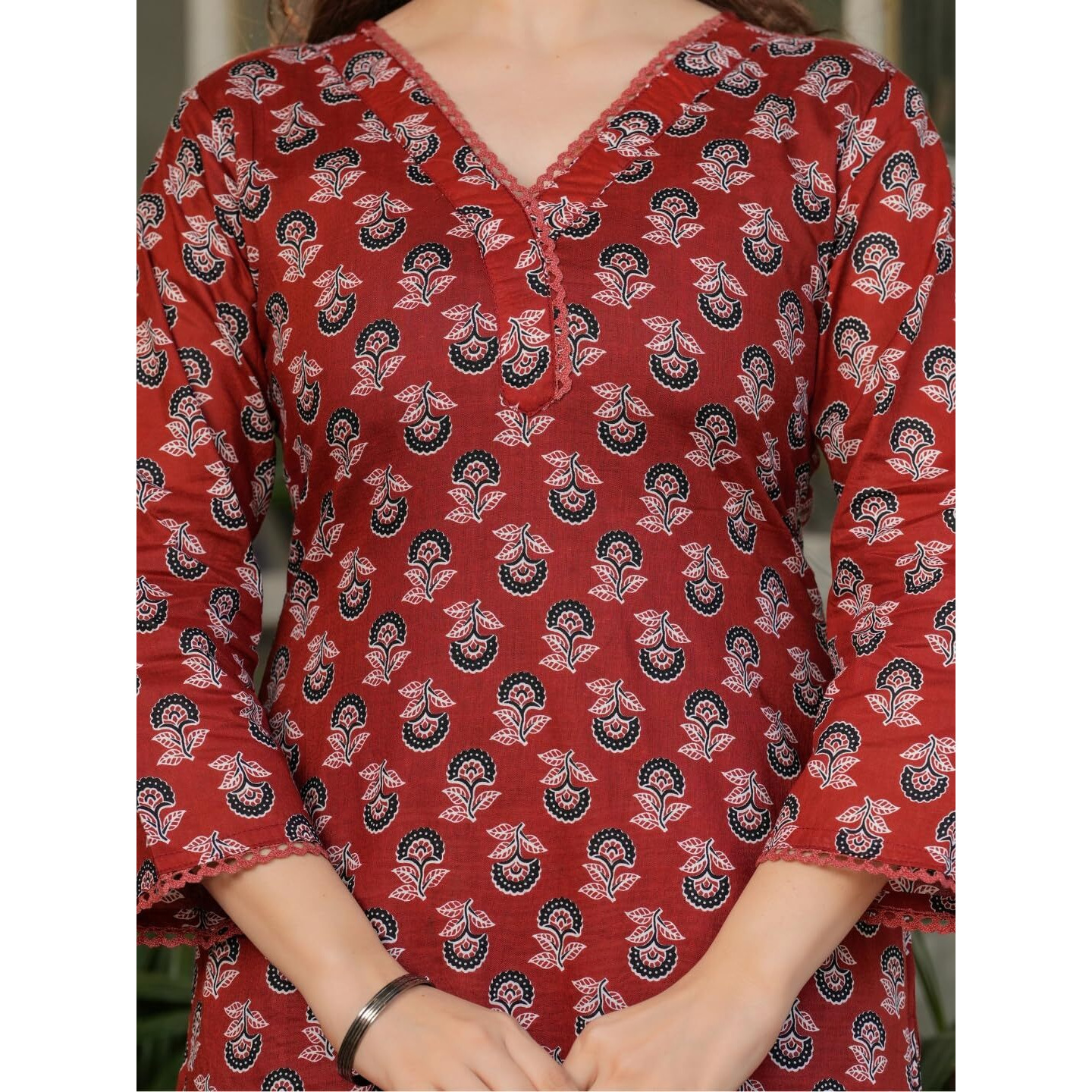 Navlik Women's Black Pure Cotton Printed Straight Kurta with Pure Organza Pant and Silk Kota Chex Dyed Dupatta Sets (NK-MV-615) (Size Large, Color Rust)