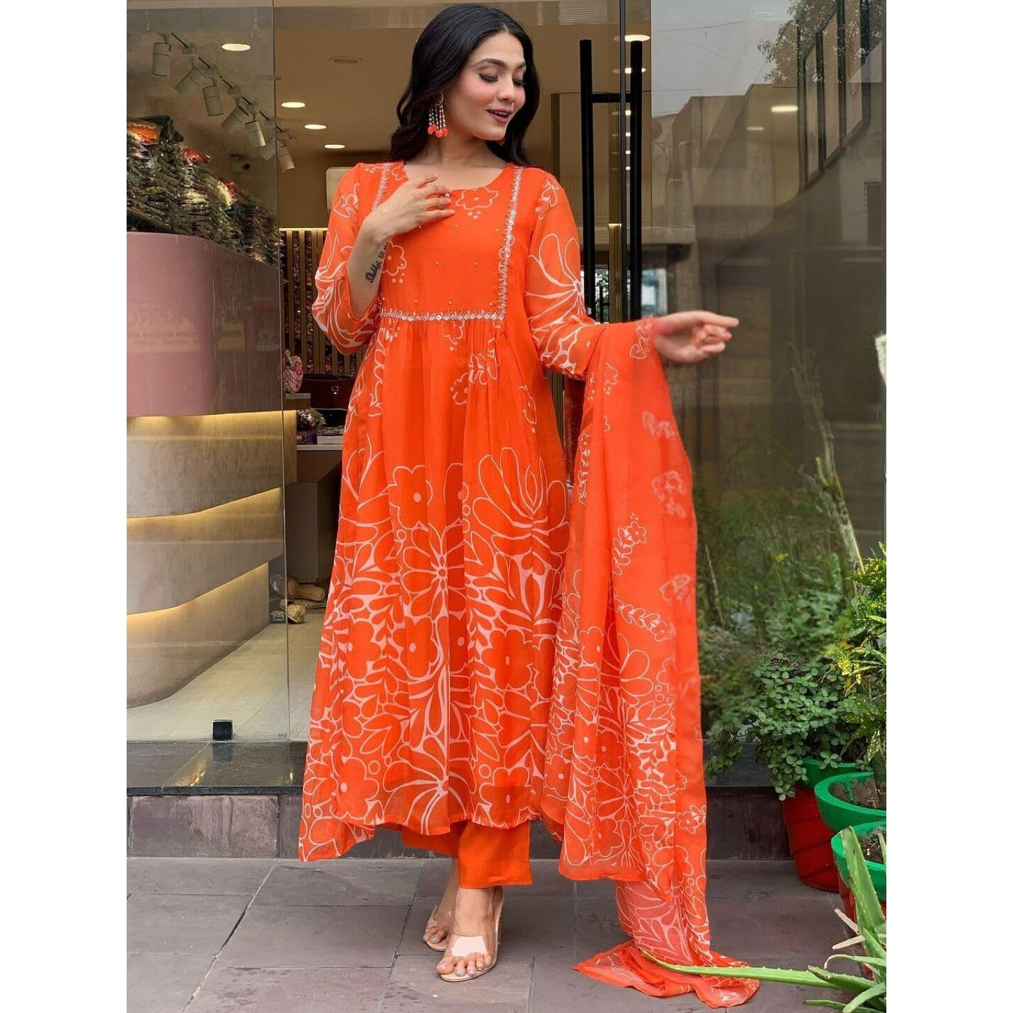 Navlik Women's Georgette Embroidered Flared Kurta with Pant And Dupatta Sets (MV-621) (Size Large, Color Orange)