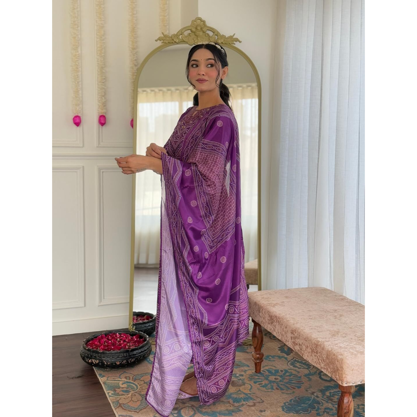 Navlik Women's French Crepe Mirrored Work A-Line Kurta with Pant And Dupatta Sets (MV-622) (Size Medium, Color Purple)