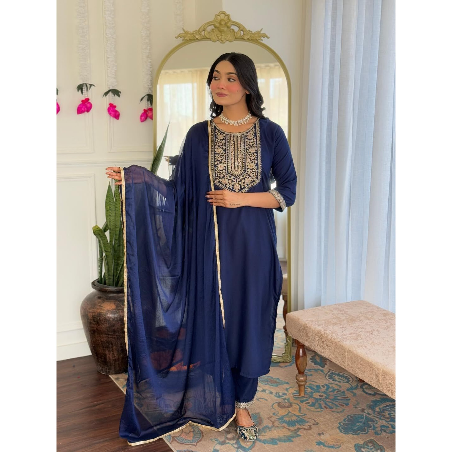 Navlik Women's Rayon Embroidered Straight Kurta with Rayon Pant And Chinon Dyed Dupatta Sets (MV-629) (Size Medium, Color Navy)