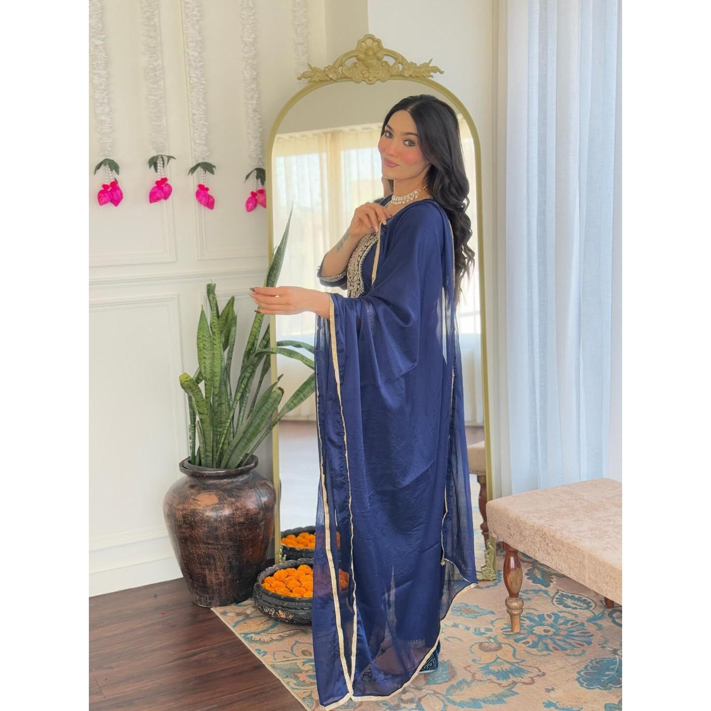 Navlik Women's Rayon Embroidered Straight Kurta with Rayon Pant And Chinon Dyed Dupatta Sets (MV-629) (Size Medium, Color Navy)