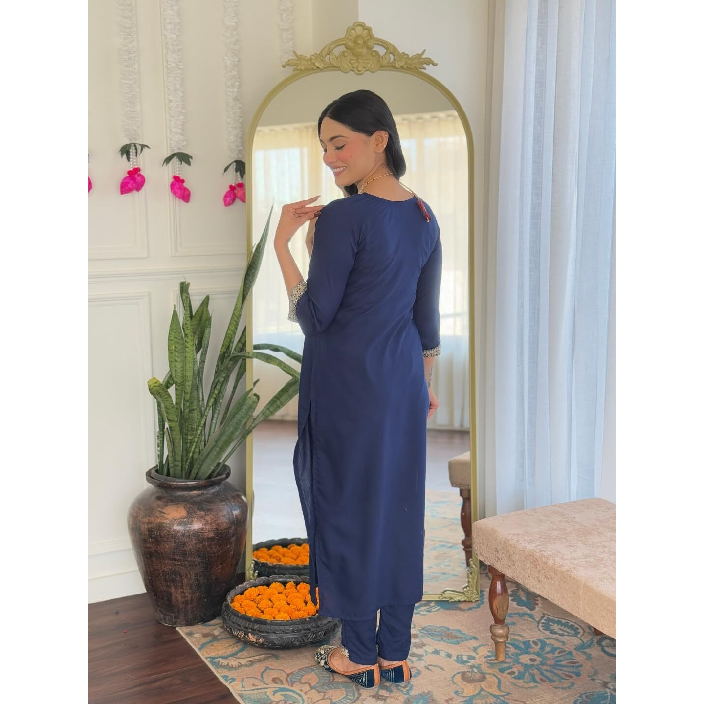 Navlik Women's Rayon Embroidered Straight Kurta with Rayon Pant And Chinon Dyed Dupatta Sets (MV-629) (Size Medium, Color Navy)