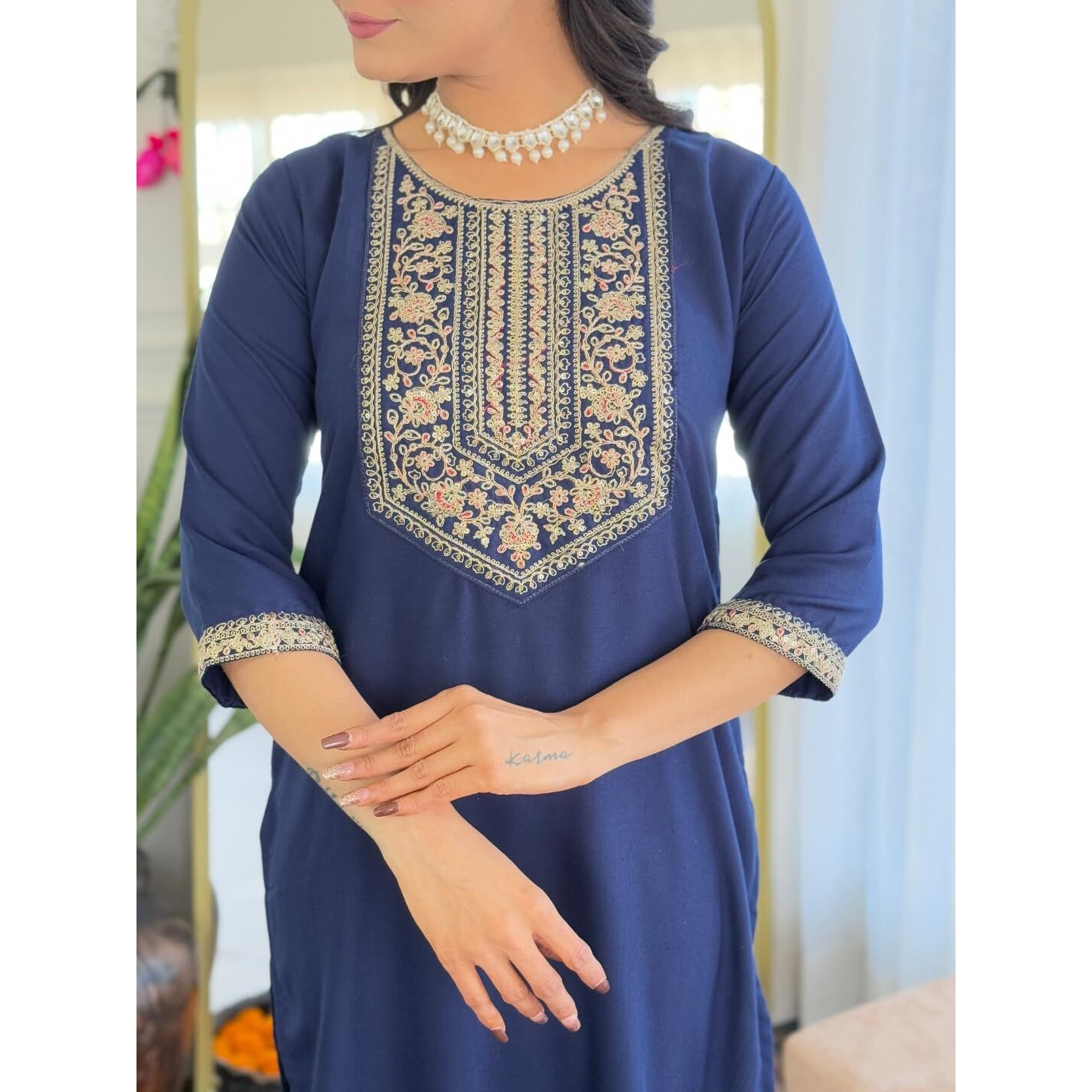 Navlik Women's Rayon Embroidered Straight Kurta with Rayon Pant And Chinon Dyed Dupatta Sets (MV-629) (Size Medium, Color Navy)
