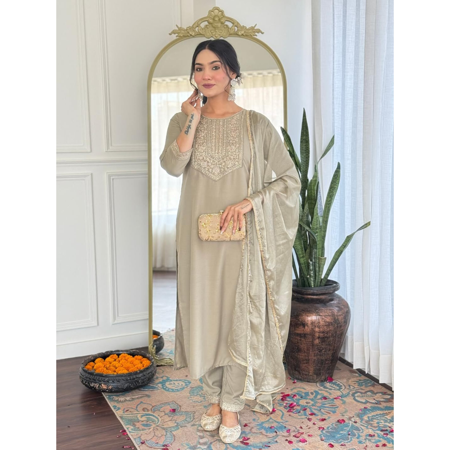 Navlik Women's Rayon Embroidered Straight Kurta with Rayon Pant And Chinon Dyed Dupatta Sets (MV-629) (Size Small, Color Pista)