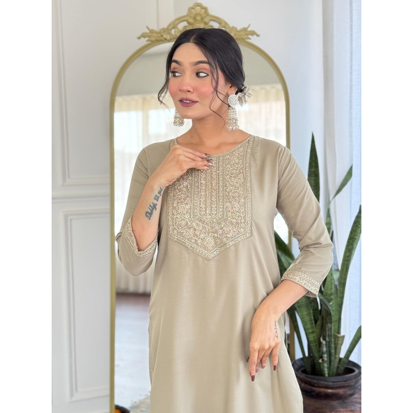 Navlik Women's Rayon Embroidered Straight Kurta with Rayon Pant And Chinon Dyed Dupatta Sets (MV-629) (Size Small, Color Pista)