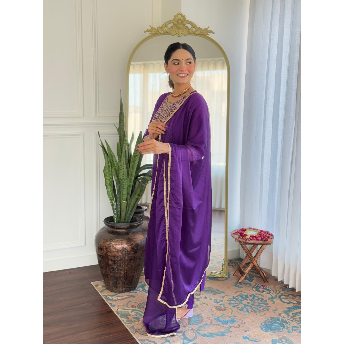 Navlik Women's Rayon Embroidered Straight Kurta with Rayon Pant And Chinon Dyed Dupatta Sets (MV-629) (Size Large, Color Wine)