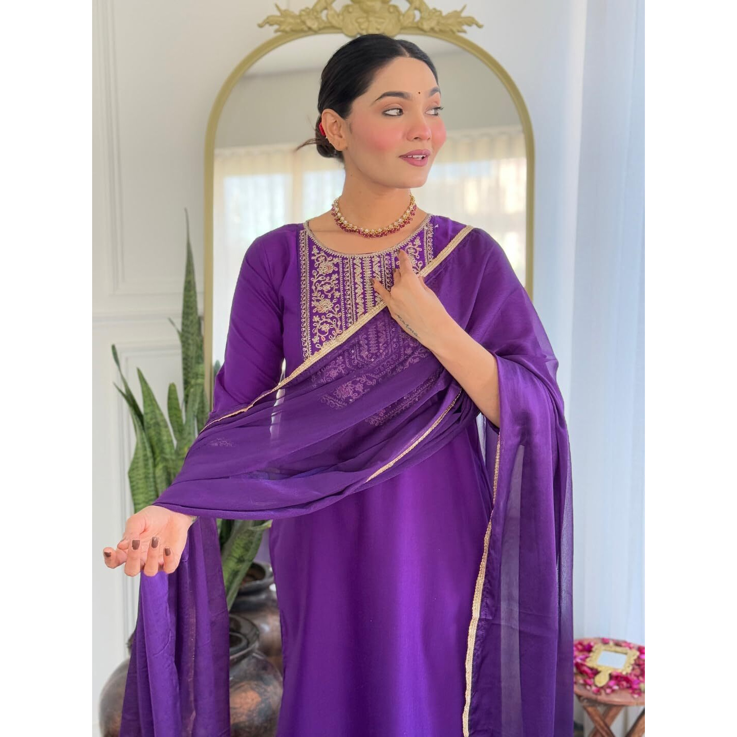 Navlik Women's Rayon Embroidered Straight Kurta with Rayon Pant And Chinon Dyed Dupatta Sets (MV-629) (Size XX-Large, Color Wine)