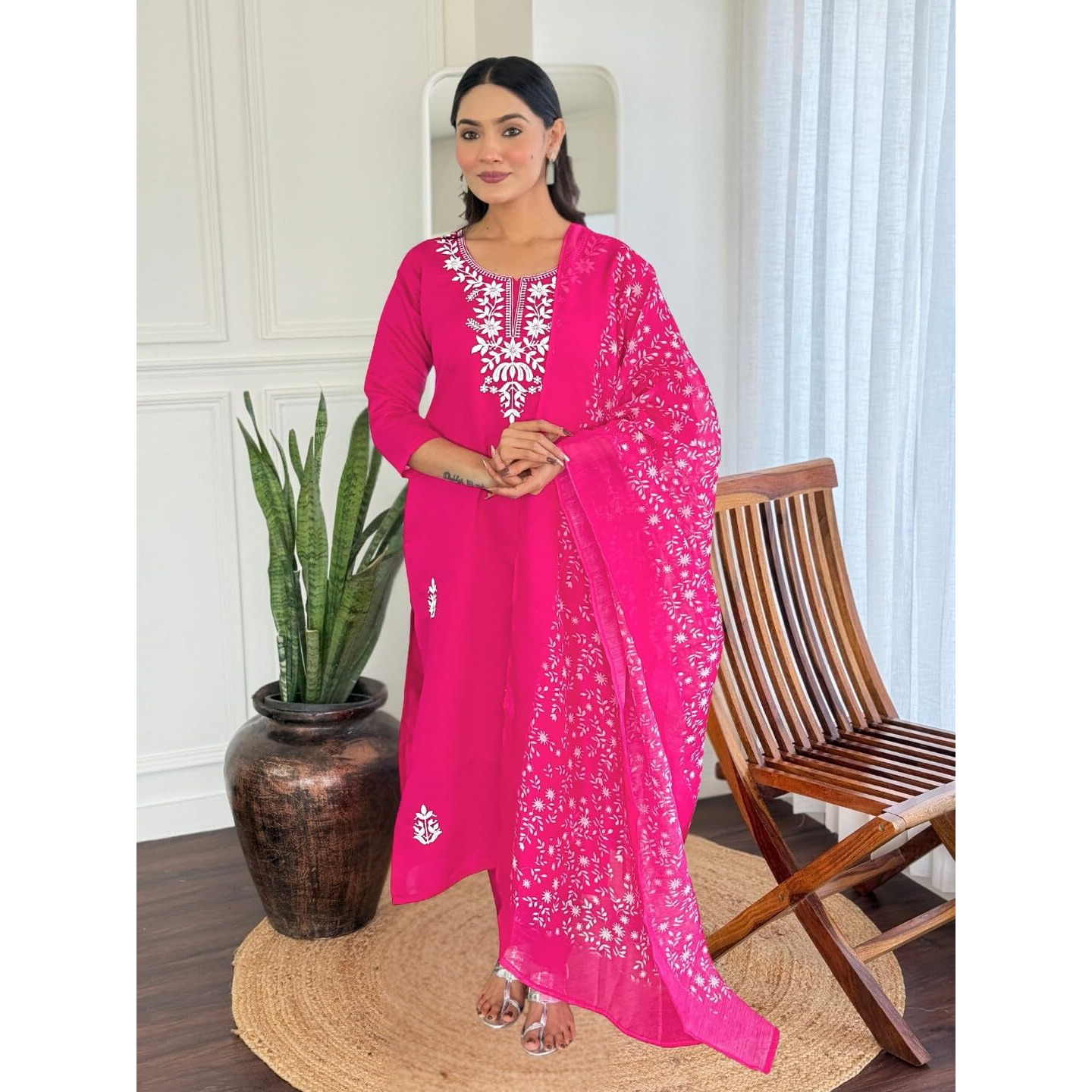 Navlik Women's Rayon Embroidered Straight Kurta with Pant and Dupatta Sets (OR-K100) (Size XXX-Large, Color Pink)