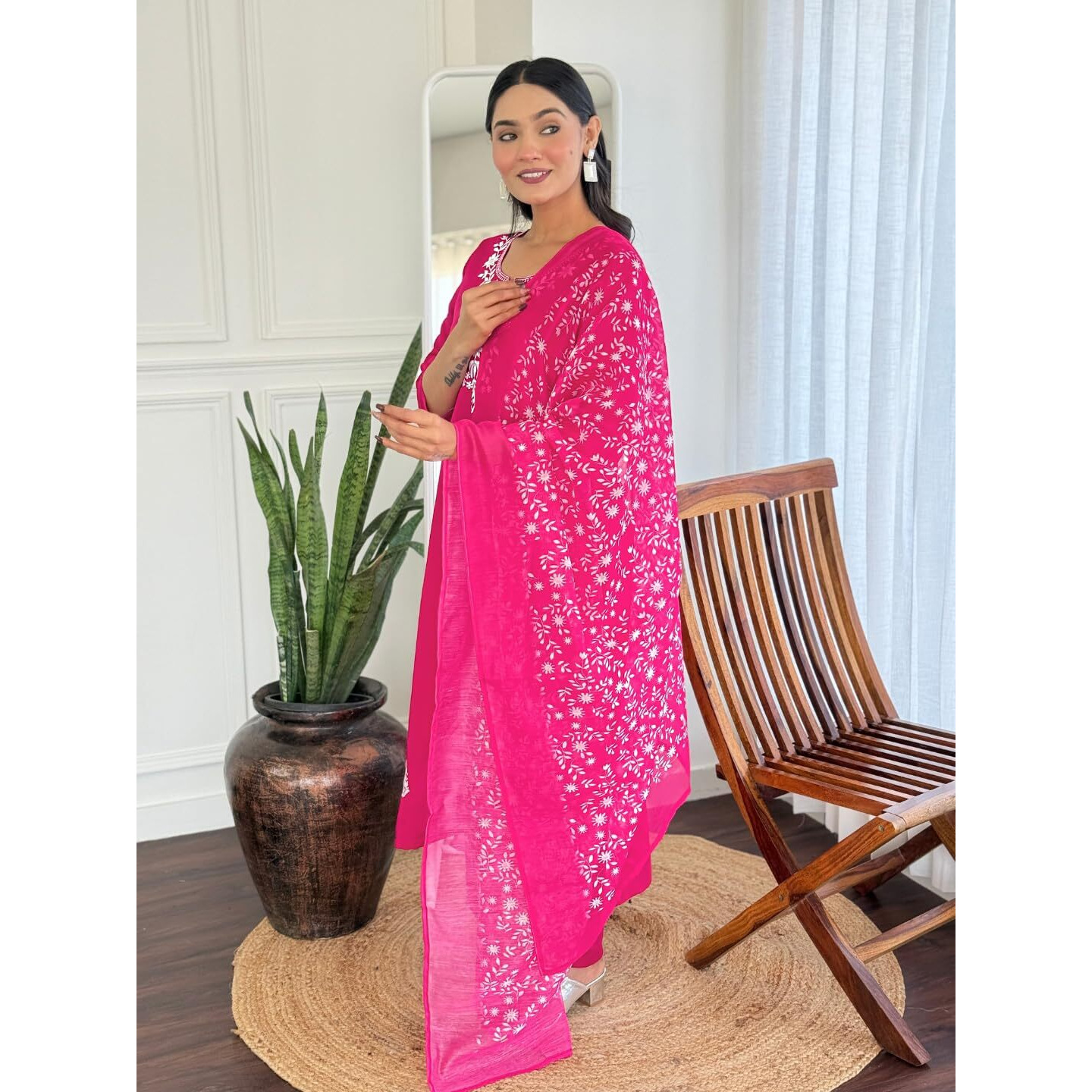 Navlik Women's Rayon Embroidered Straight Kurta with Pant and Dupatta Sets (OR-K100) (Size XXX-Large, Color Pink)