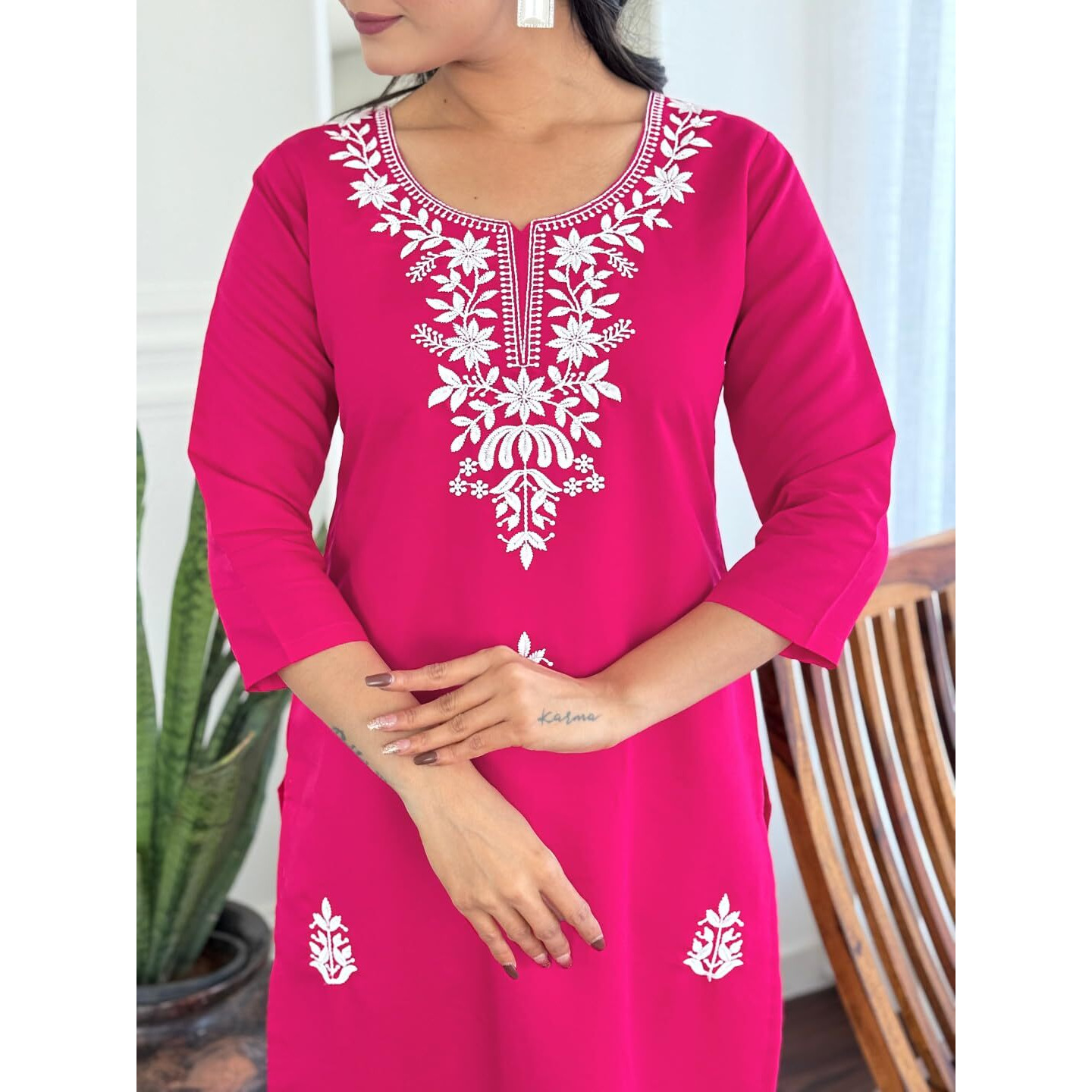 Navlik Women's Rayon Embroidered Straight Kurta with Pant and Dupatta Sets (OR-K100) (Size XXX-Large, Color Pink)