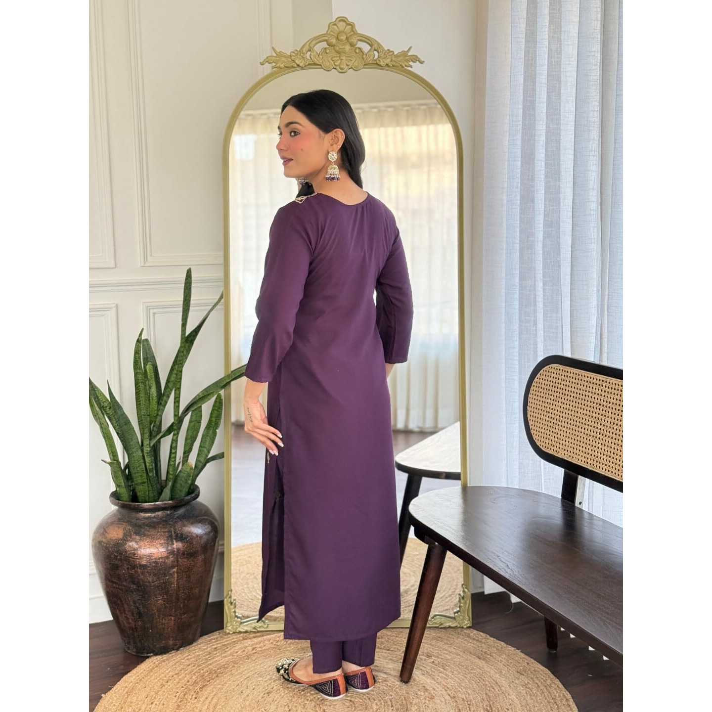 Navlik Women's Rayon Embroidered Straight Kurta with Pant and Dupatta Sets (OR-K103) (Size Large, Color Wine)