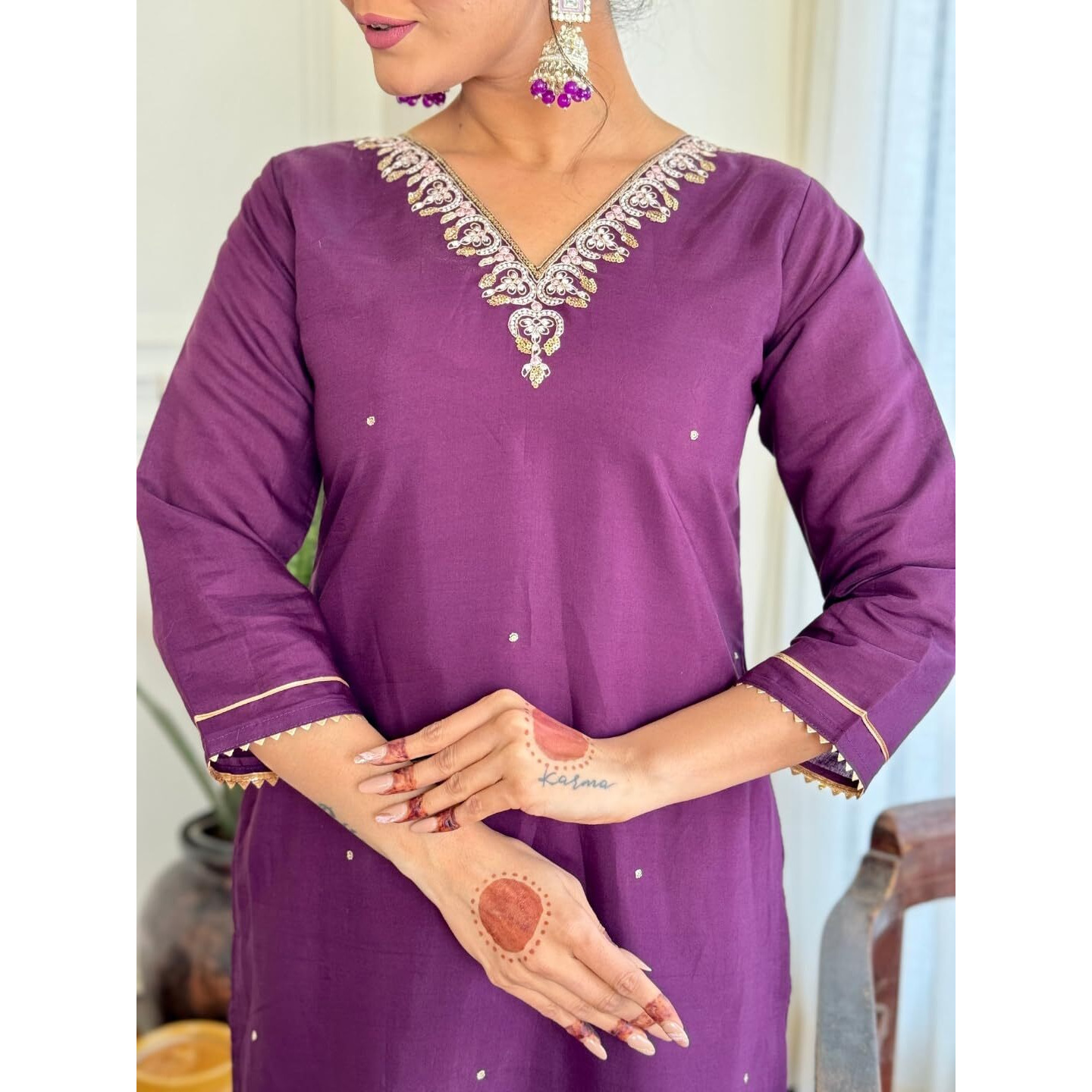 Navlik Women's Chanderi Embroidered Straight Kurta Pant and Dupatta Sets (OR-k3) (Size Medium, Color Wine)