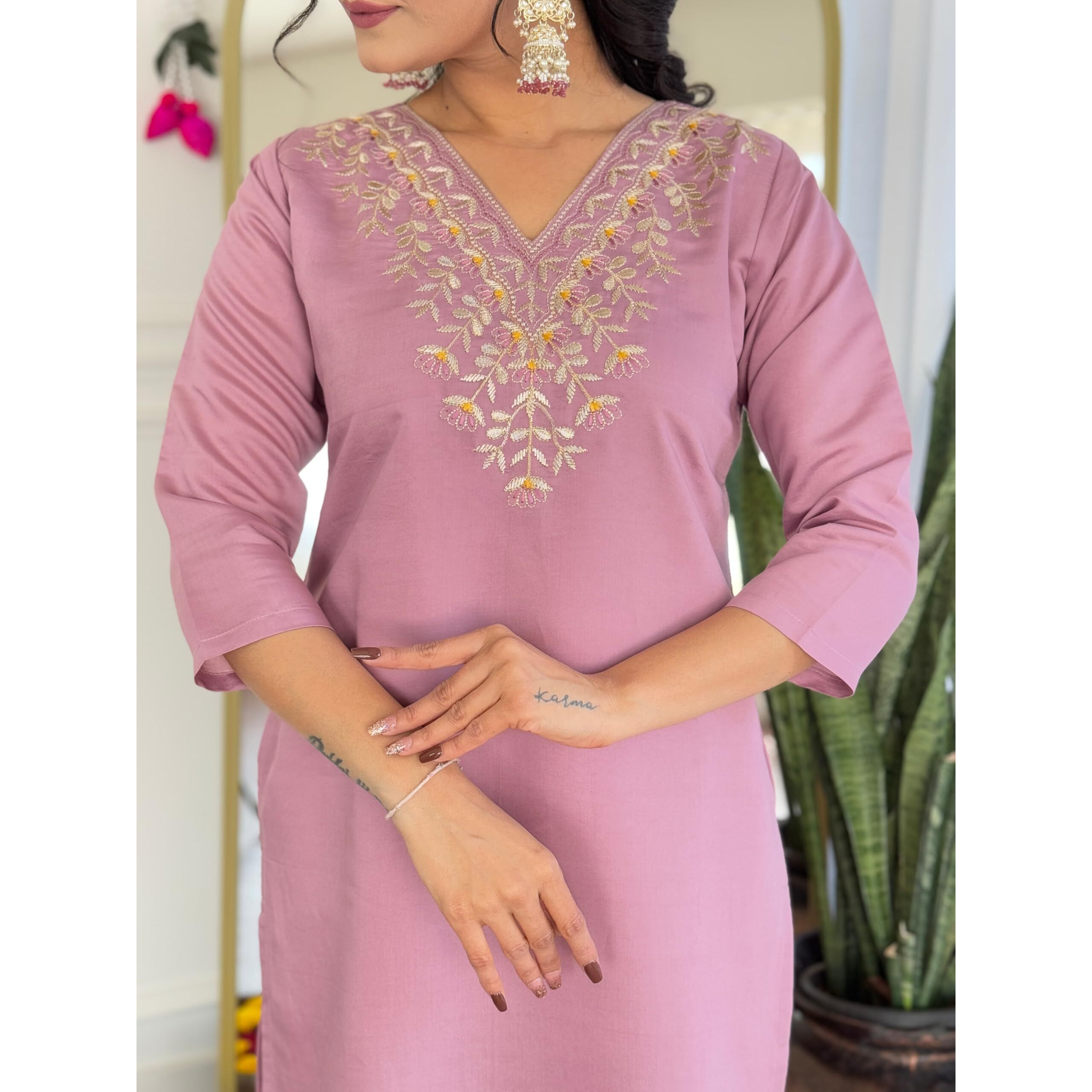 Navlik Women's Chanderi Embroidered Straight Kurta with Pant and Dupatta Sets (OR-K96) (Size Medium, Color Onoin)