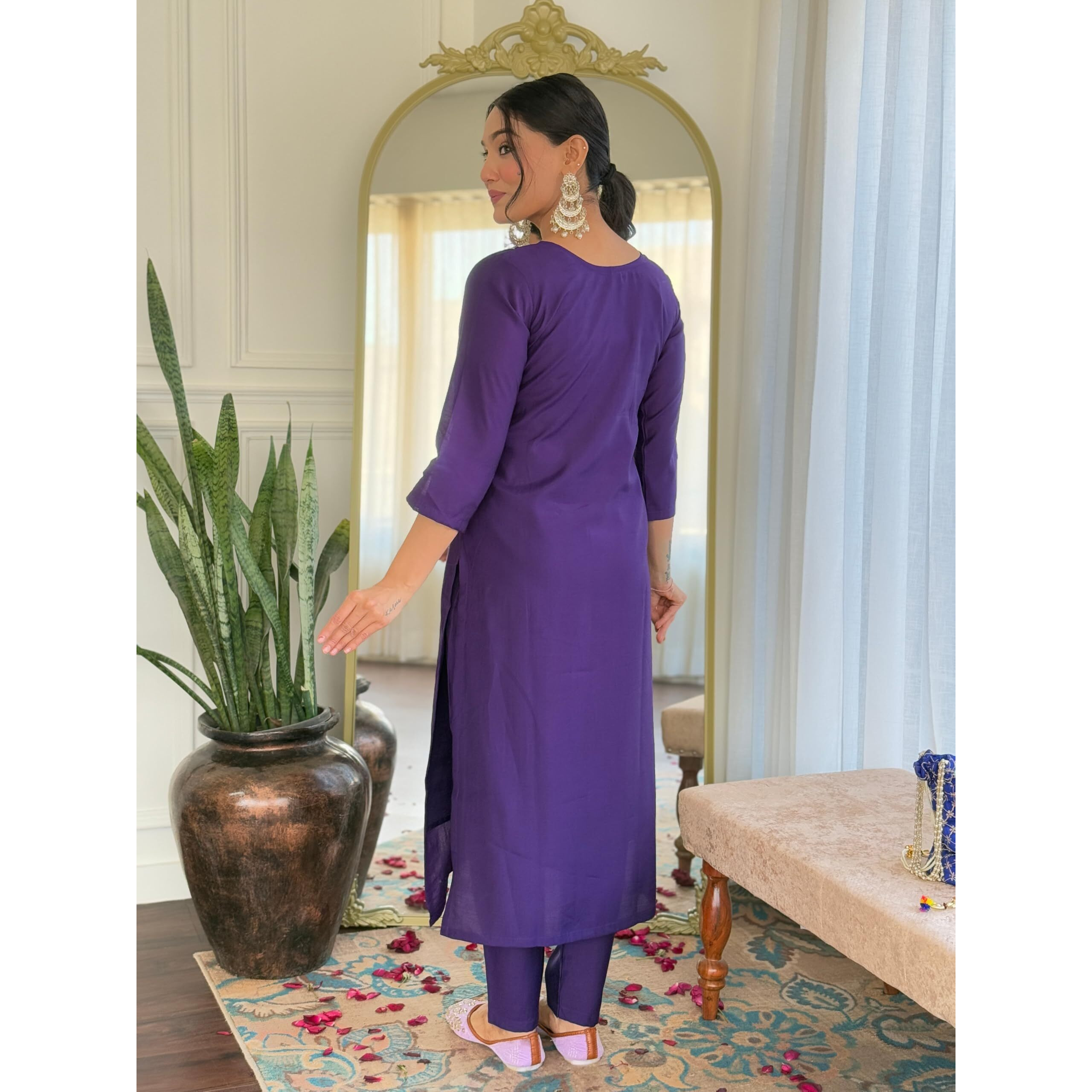 Navlik Women's Chanderi Embroidered Straight Kurta with Pant and Dupatta Sets (OR-K96) (Size Small, Color Violet)