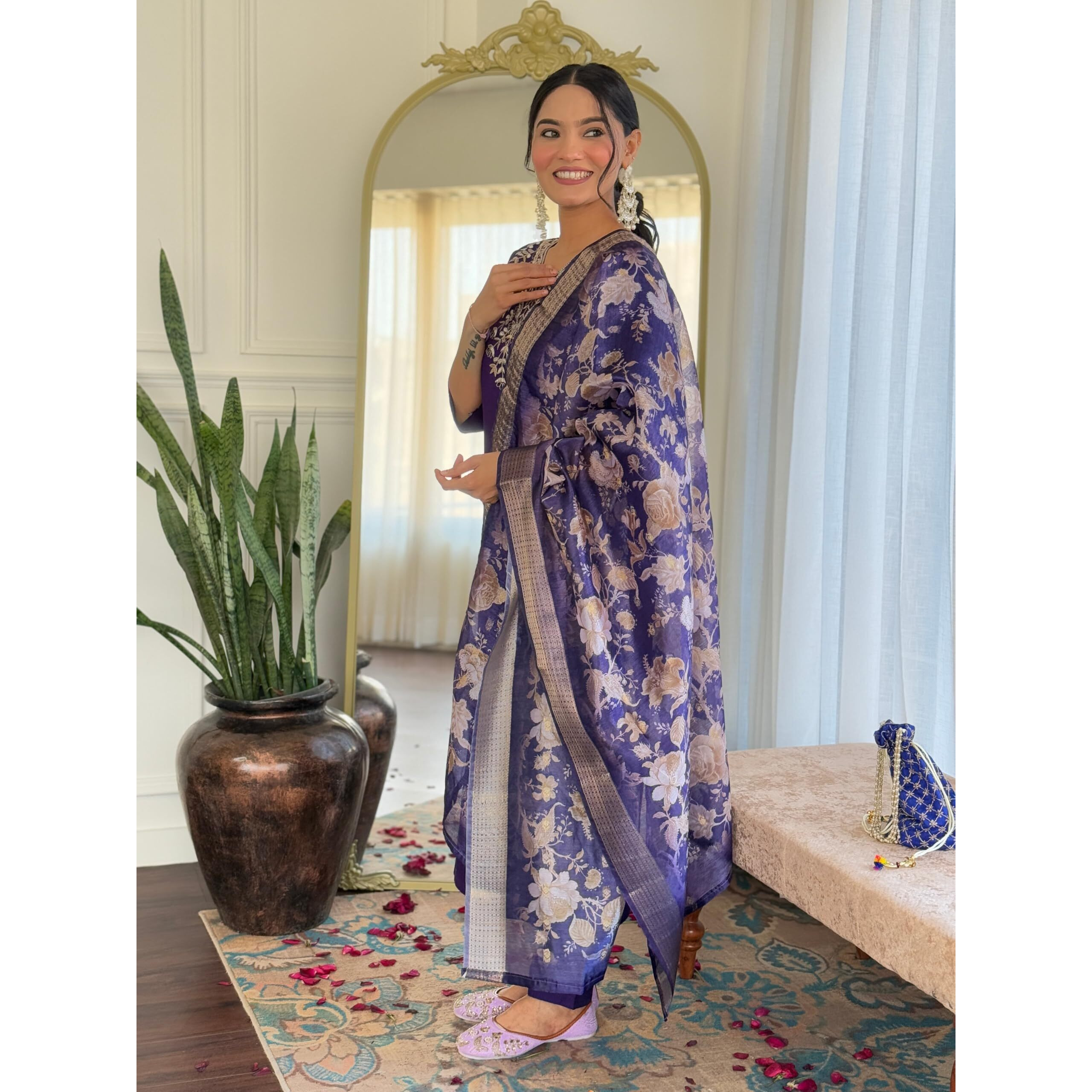 Navlik Women's Chanderi Embroidered Straight Kurta with Pant and Dupatta Sets (OR-K96) (Size XX-Large, Color Violet)