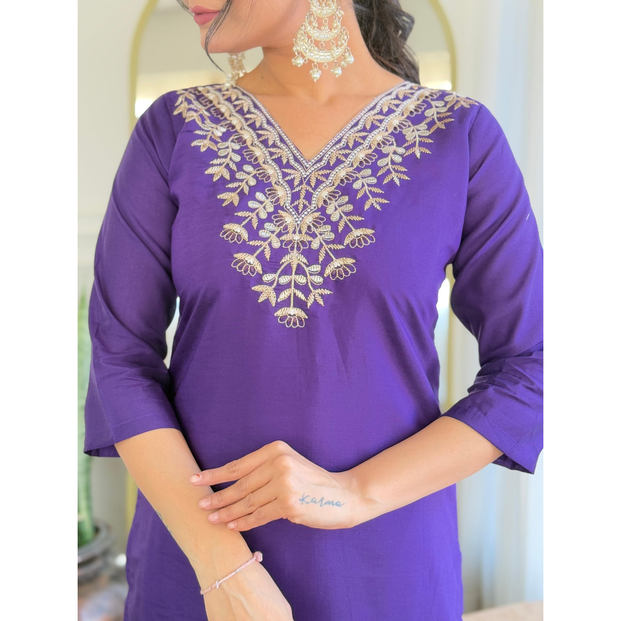 Navlik Women's Chanderi Embroidered Straight Kurta with Pant and Dupatta Sets (OR-K96) (Size XX-Large, Color Violet)