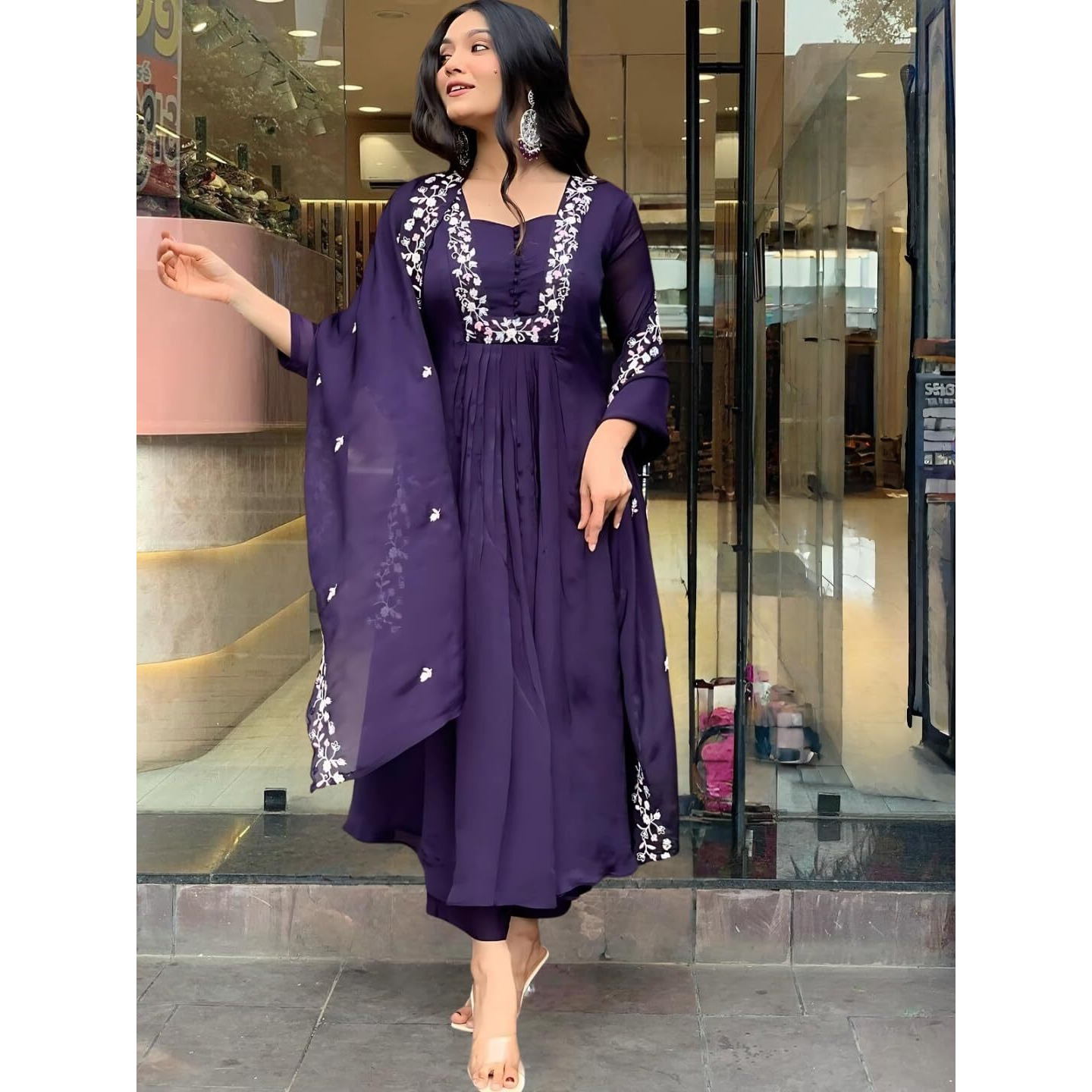 Navlik Women's Viscose Embroidered A-Line Kurta Viscose Pant and Dupatta Sets (R-Khanak) (Size Medium, Color Purple)