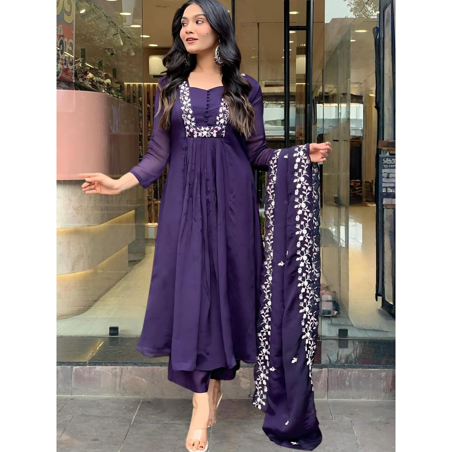 Navlik Women's Viscose Embroidered A-Line Kurta Viscose Pant and Dupatta Sets (R-Khanak) (Size Medium, Color Purple)