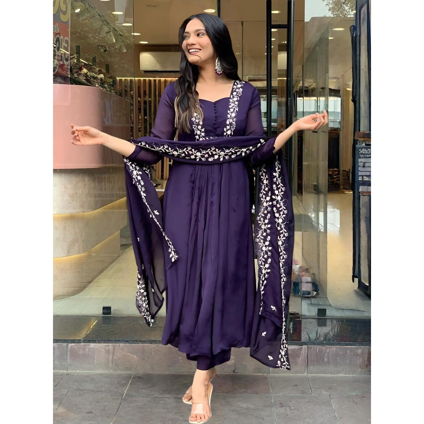 Navlik Women's Viscose Embroidered A-Line Kurta Viscose Pant and Dupatta Sets (R-Khanak) (Size Medium, Color Purple)