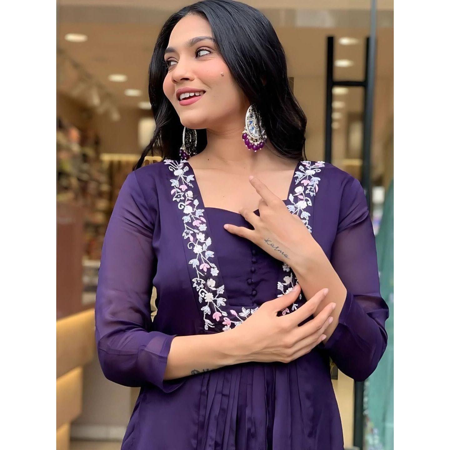 Navlik Women's Viscose Embroidered A-Line Kurta Viscose Pant and Dupatta Sets (R-Khanak) (Size Medium, Color Purple)