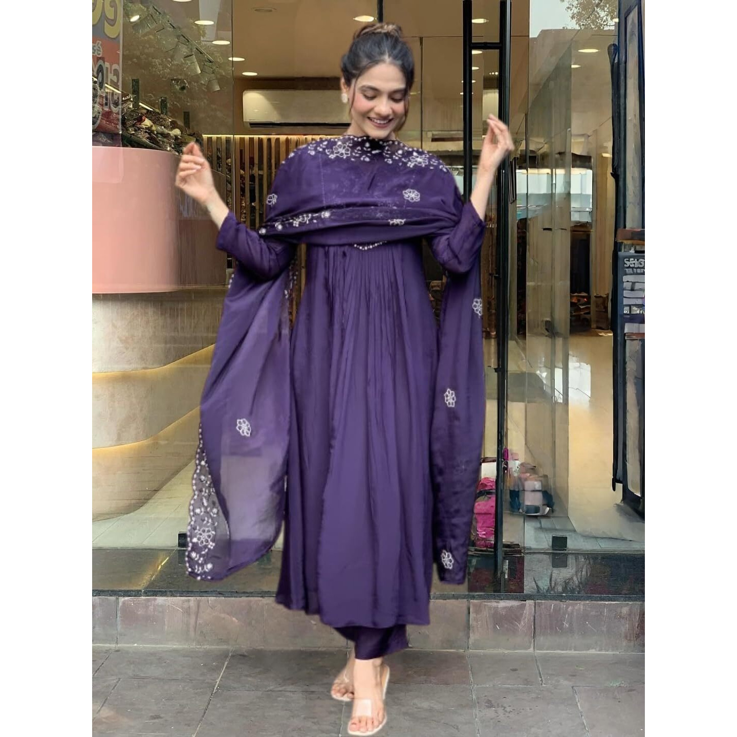 Navlik Women's Viscose Embroidered A-Line Kurta Pant and Dupatta Sets (R-Vishakha) (Size Large, Color Purple)