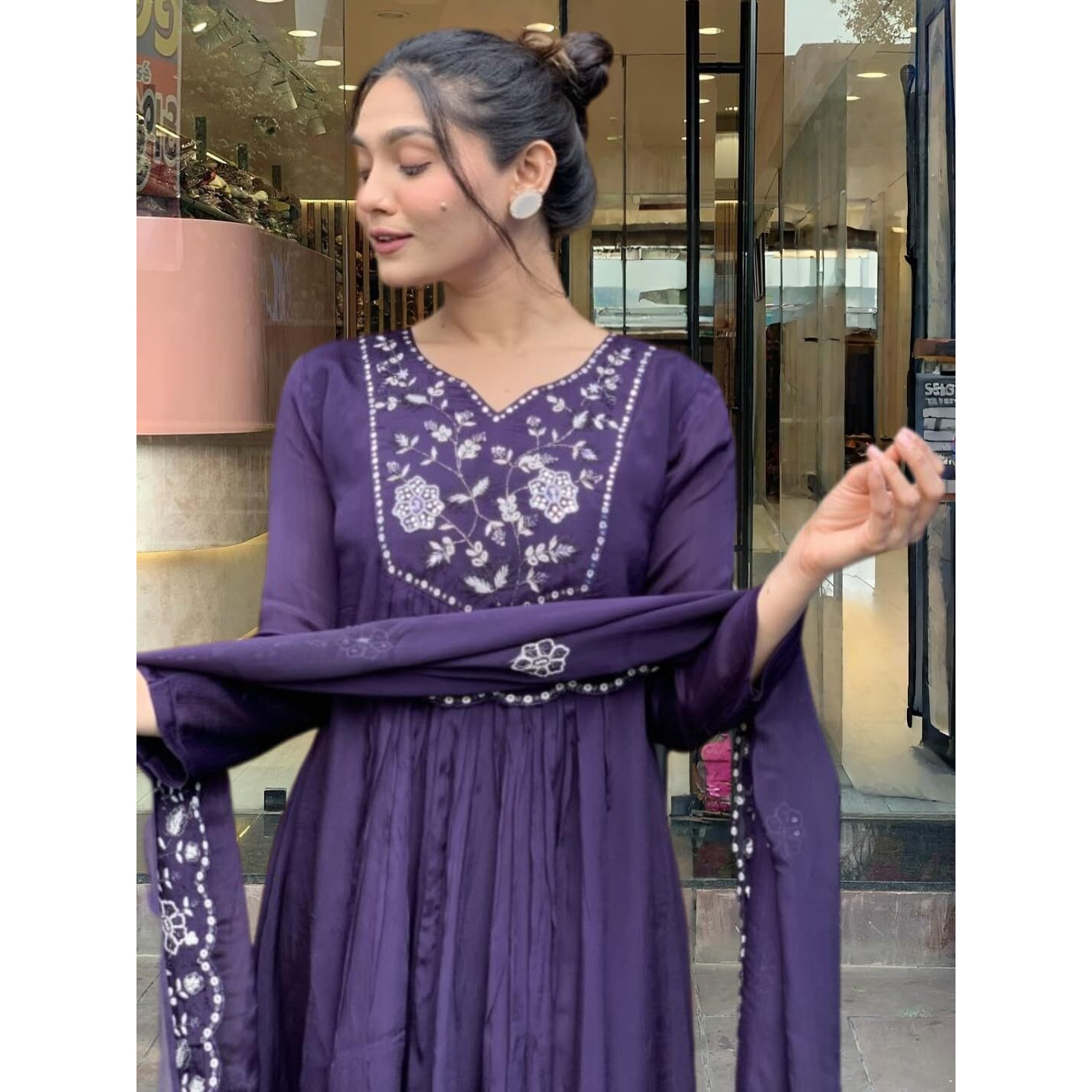 Navlik Women's Viscose Embroidered A-Line Kurta Pant and Dupatta Sets (R-Vishakha) (Size Large, Color Purple)