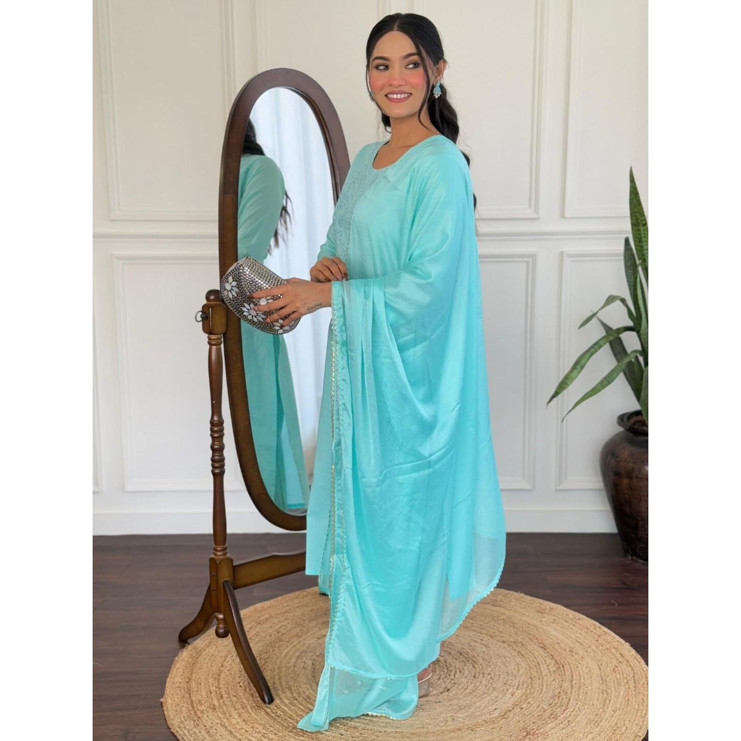 Navlik Women's Cotton Embroidered Straight Kurta with Pant and Dupatta Sets (NK-S-101) (Size XX-Large, Color Sky)