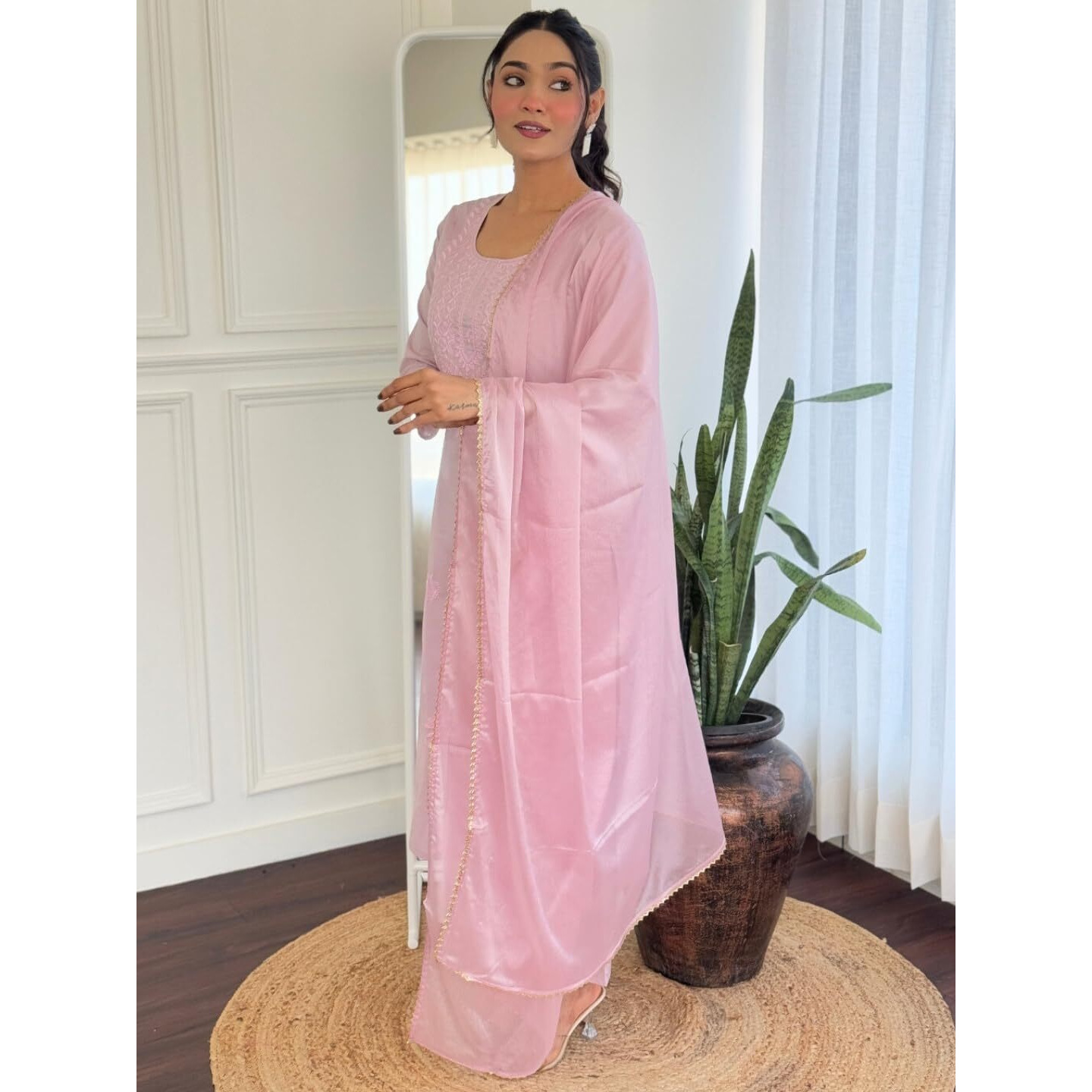 Navlik Women's Cotton Embroidered Straight Kurta with Pant and Dupatta Sets (NK-S-102) (Size Large, Color Peach)