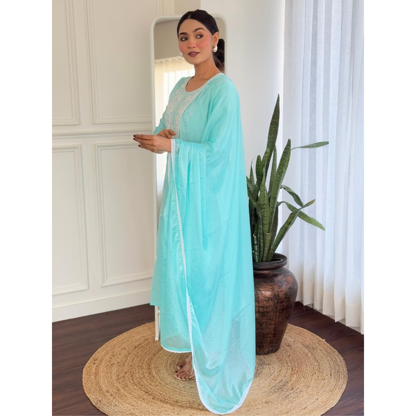 Navlik Women's Cotton Embroidered Straight Kurta with Pant and Dupatta Sets (NK-S-103) (Size X-Large, Color Sky)