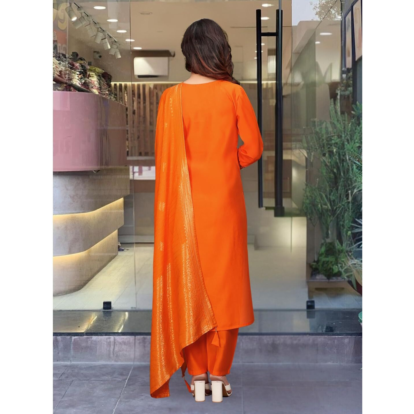 Navlik Women's Chanderi Viscose Embroidered Straight Kurta Pant and Dupatta Sets (S-Akshara) (Size Large, Color Orange)