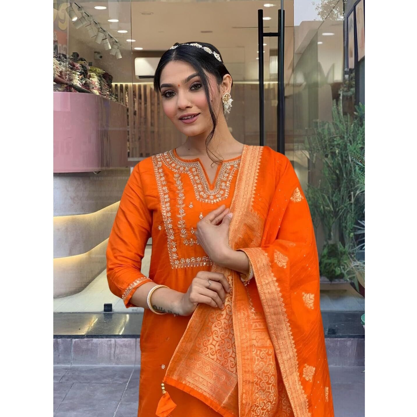 Navlik Women's Chanderi Viscose Embroidered Straight Kurta Pant and Dupatta Sets (S-Akshara) (Size Large, Color Orange)