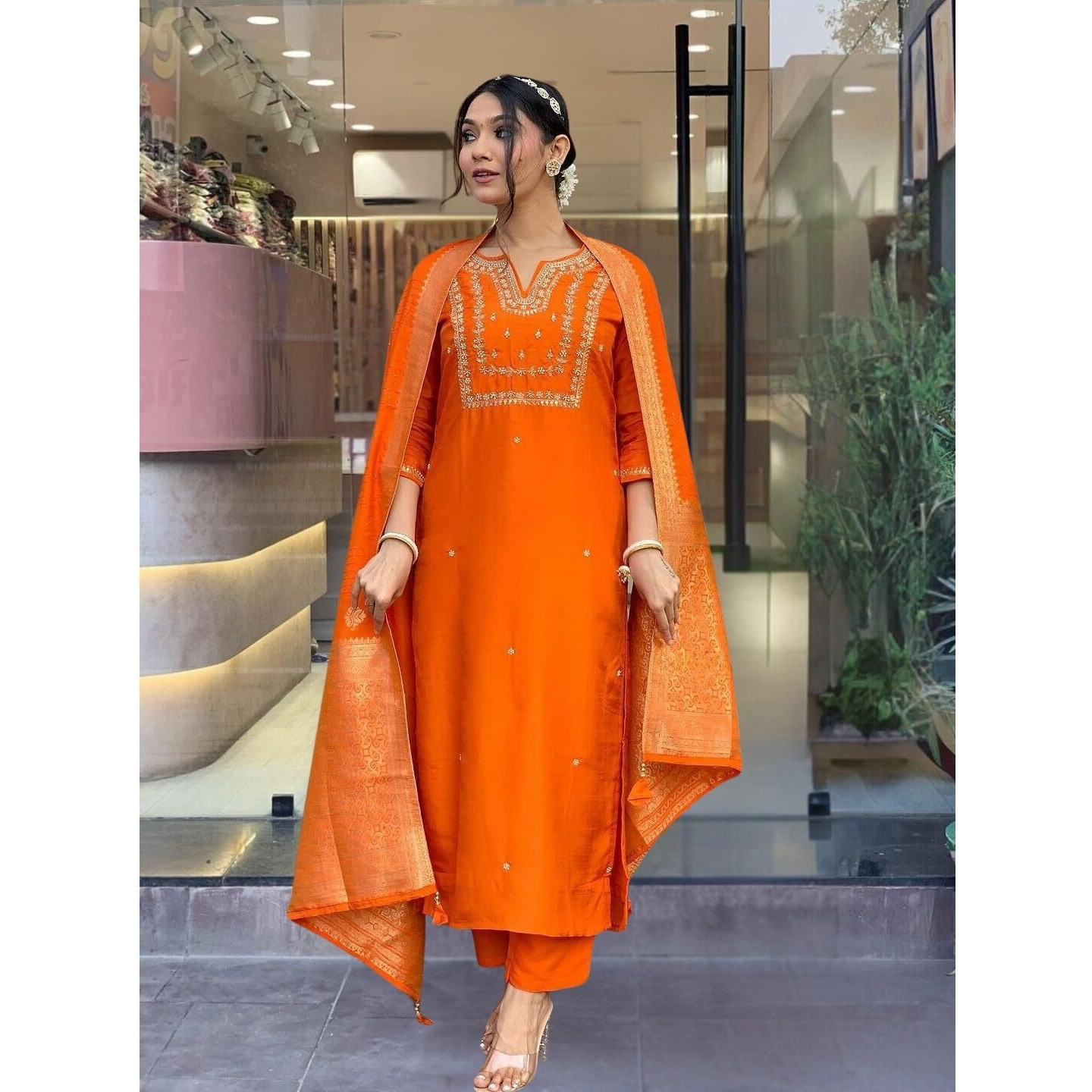 Navlik Women's Chanderi Viscose Embroidered Straight Kurta Pant and Dupatta Sets (S-Akshara) (Size Large, Color Orange)