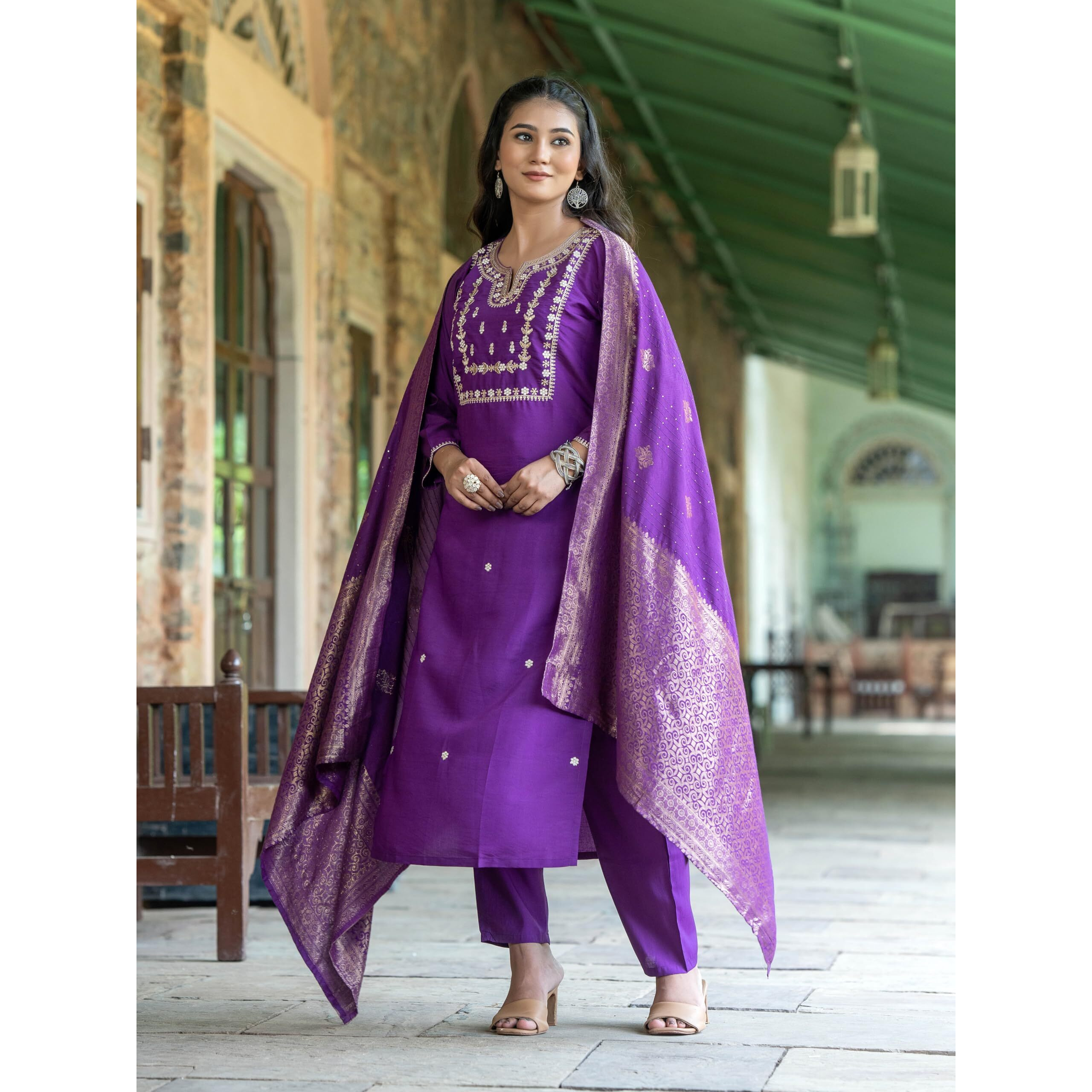 Navlik Women's Chanderi Viscose Embroidered Straight Kurta Pant and Dupatta Sets (S-Akshara) (Size XX-Large, Color Wine)