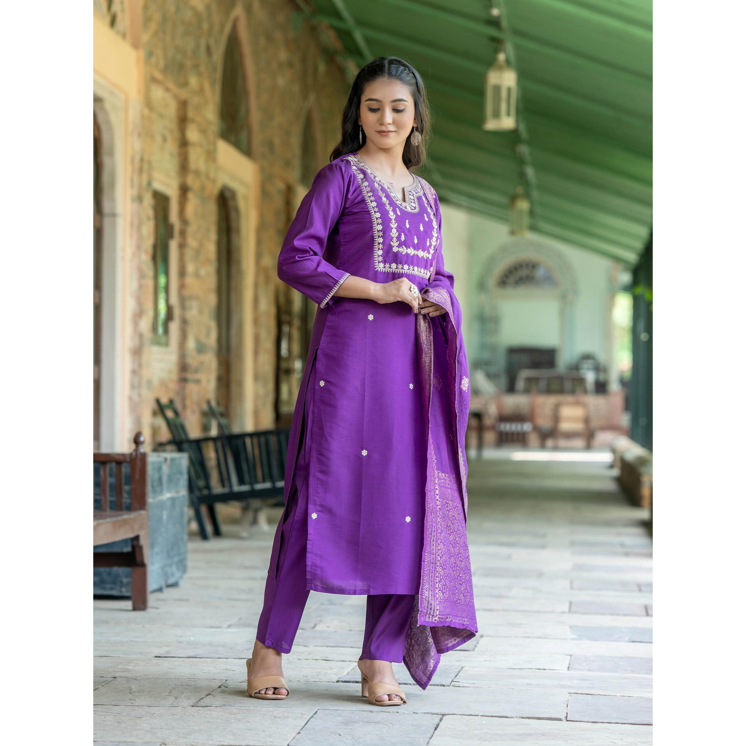 Navlik Women's Chanderi Viscose Embroidered Straight Kurta Pant and Dupatta Sets (S-Akshara) (Size XX-Large, Color Wine)