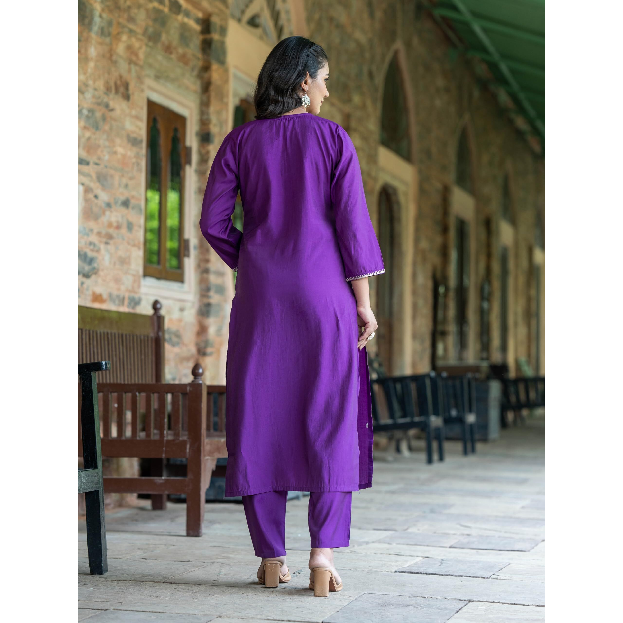 Navlik Women's Chanderi Viscose Embroidered Straight Kurta Pant and Dupatta Sets (S-Akshara) (Size XX-Large, Color Wine)
