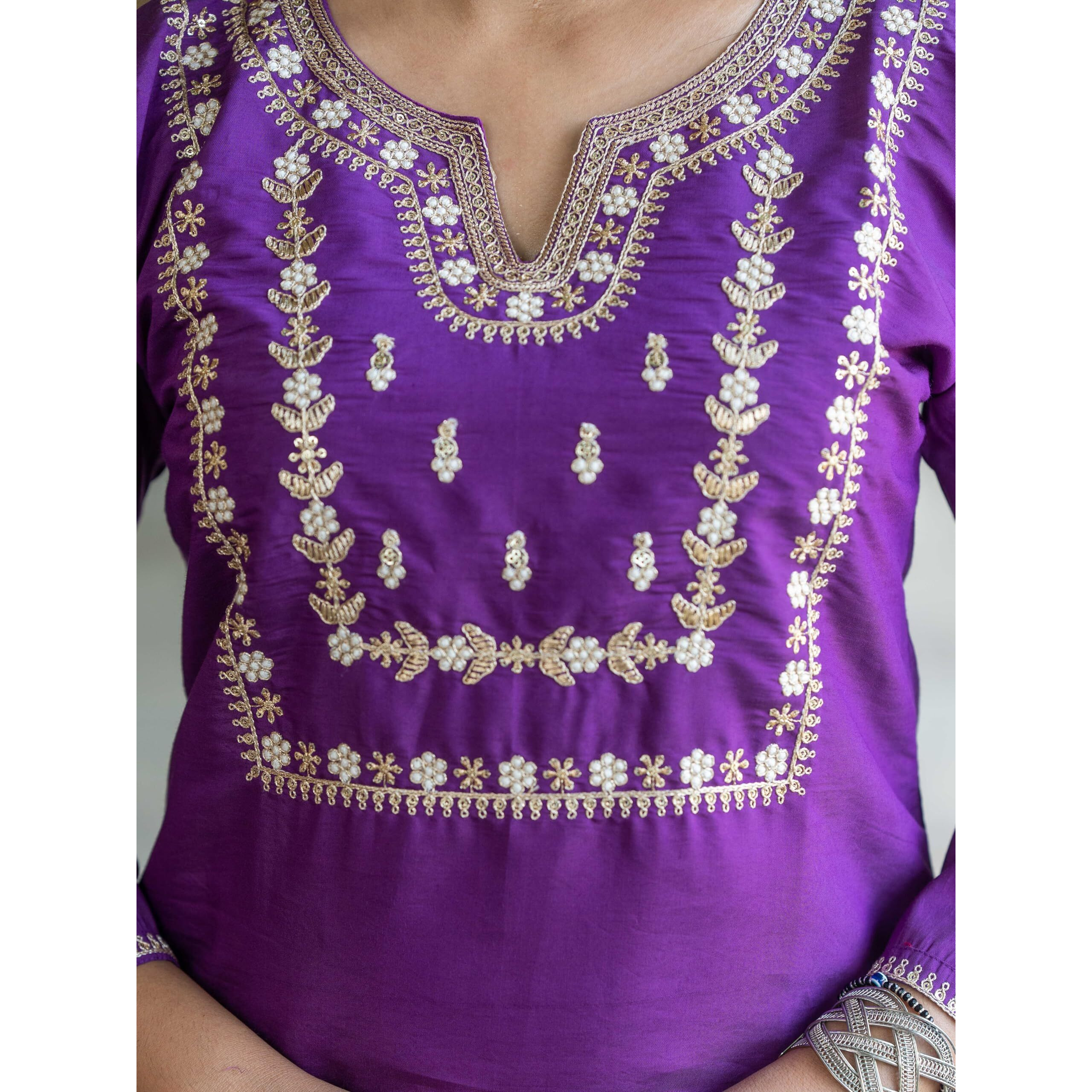 Navlik Women's Chanderi Viscose Embroidered Straight Kurta Pant and Dupatta Sets (S-Akshara) (Size XX-Large, Color Wine)