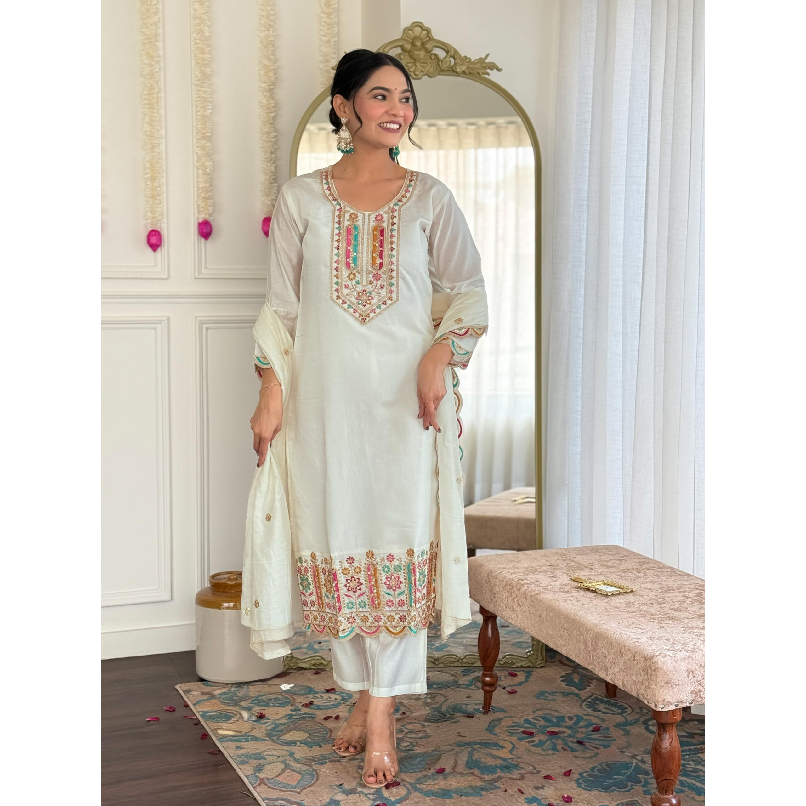 Navlik Women's Chanderi Viscose Floral Embroidered Straight Kurta Pant and Dupatta Sets (S-Anamika) (Size X-Large, Color White)