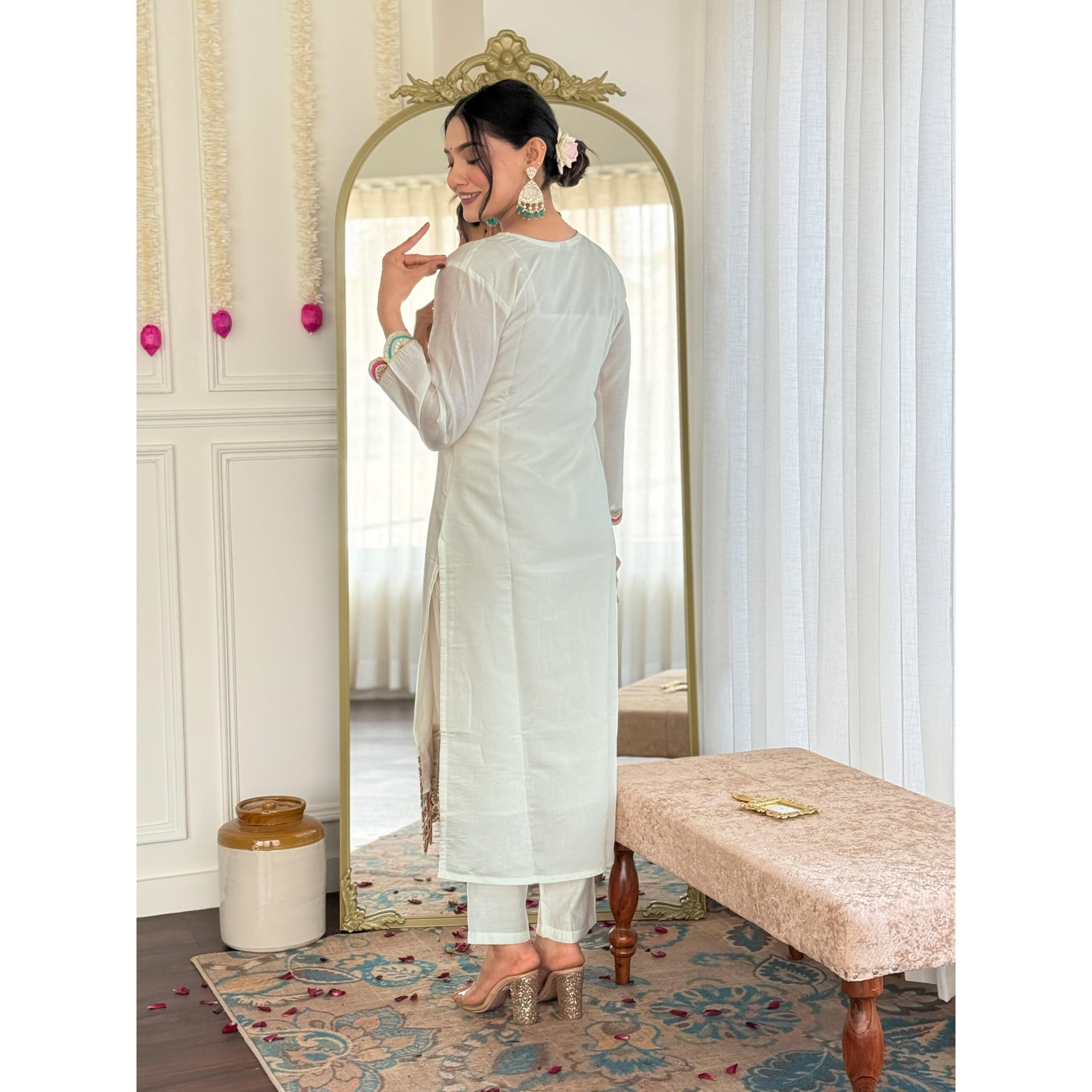 Navlik Women's Chanderi Viscose Floral Embroidered Straight Kurta Pant and Dupatta Sets (S-Anamika) (Size X-Large, Color White)