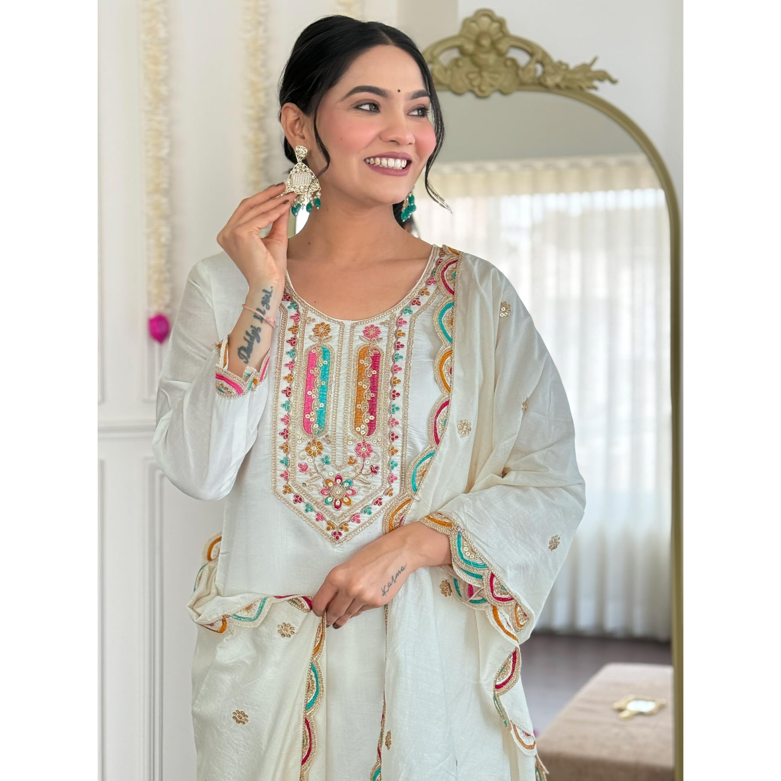 Navlik Women's Chanderi Viscose Floral Embroidered Straight Kurta Pant and Dupatta Sets (S-Anamika) (Size X-Large, Color White)