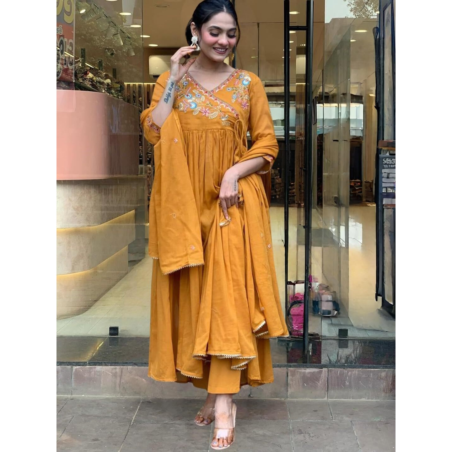 Navlik Women's Orange Chanderi Viscose Embroidered Flared Kurta with Chanderi Viscose Pant and Chanderi Embroidered Laced Dupatta Sets (NK-S-Anika) (Size Small, Color Orange)