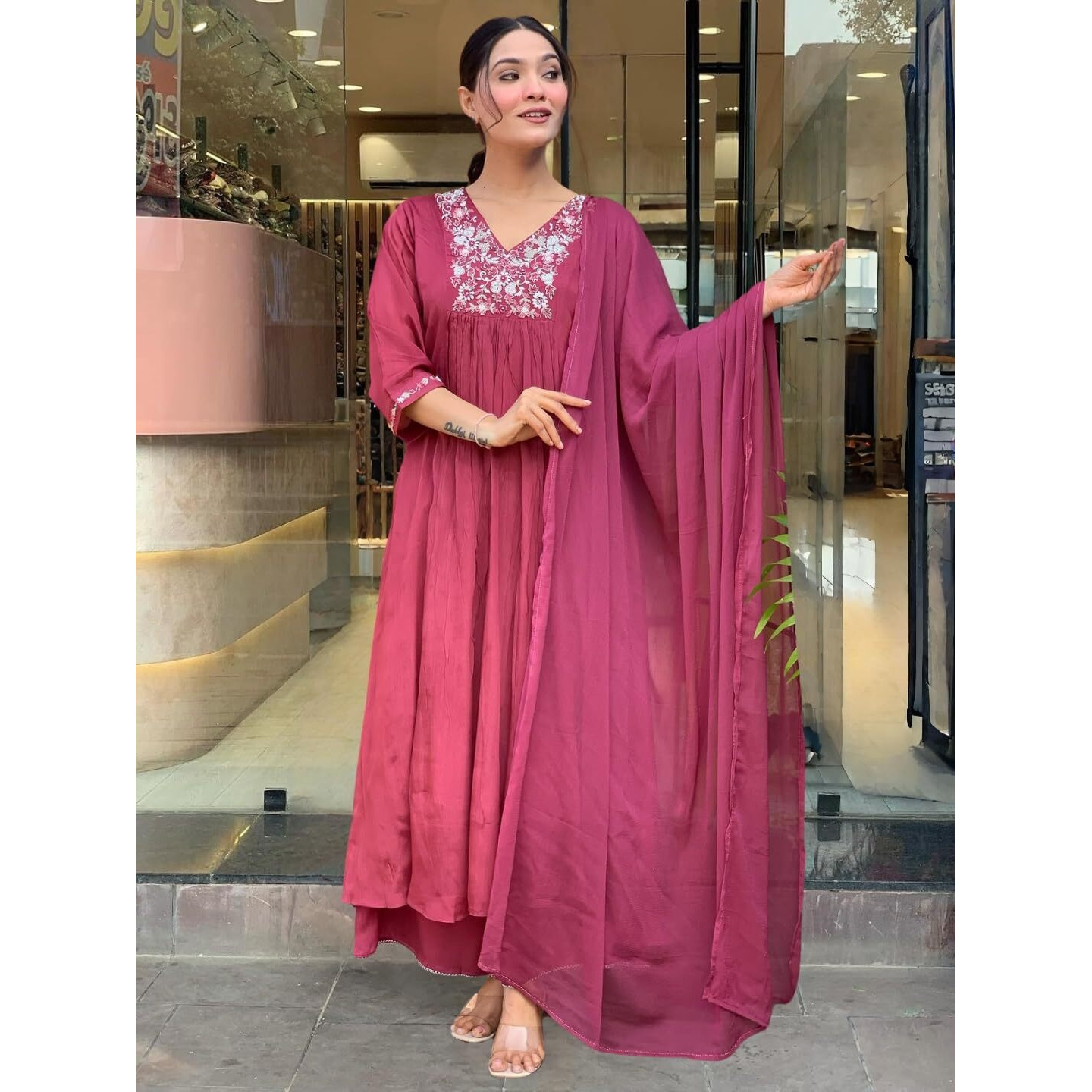 Women's Viscose Embroidered Flared Kurta with Pant And Dupatta Sets (S-Ayushi) (Size Large, Color Maroon)