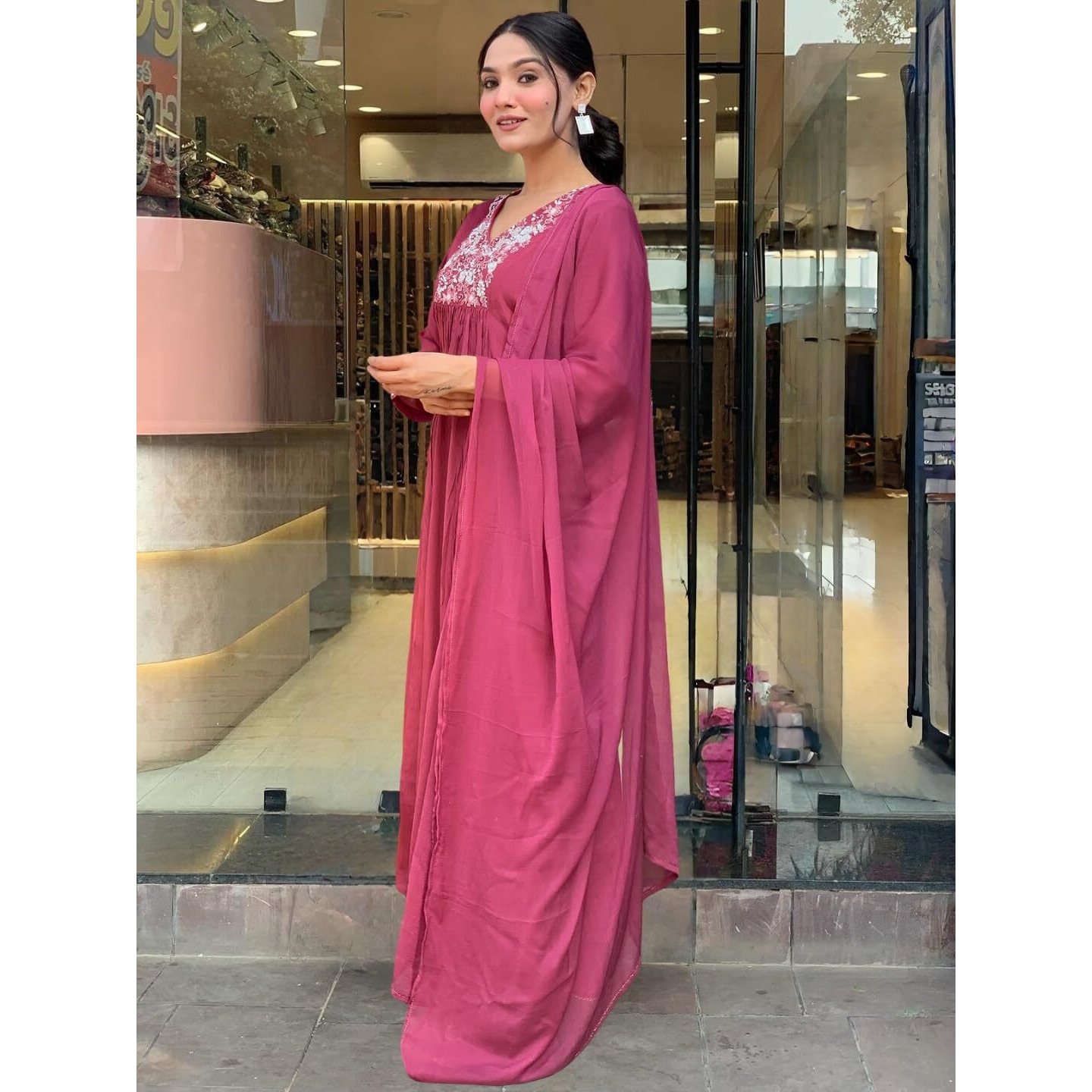 Women's Viscose Embroidered Flared Kurta with Pant And Dupatta Sets (S-Ayushi) (Size Large, Color Maroon)