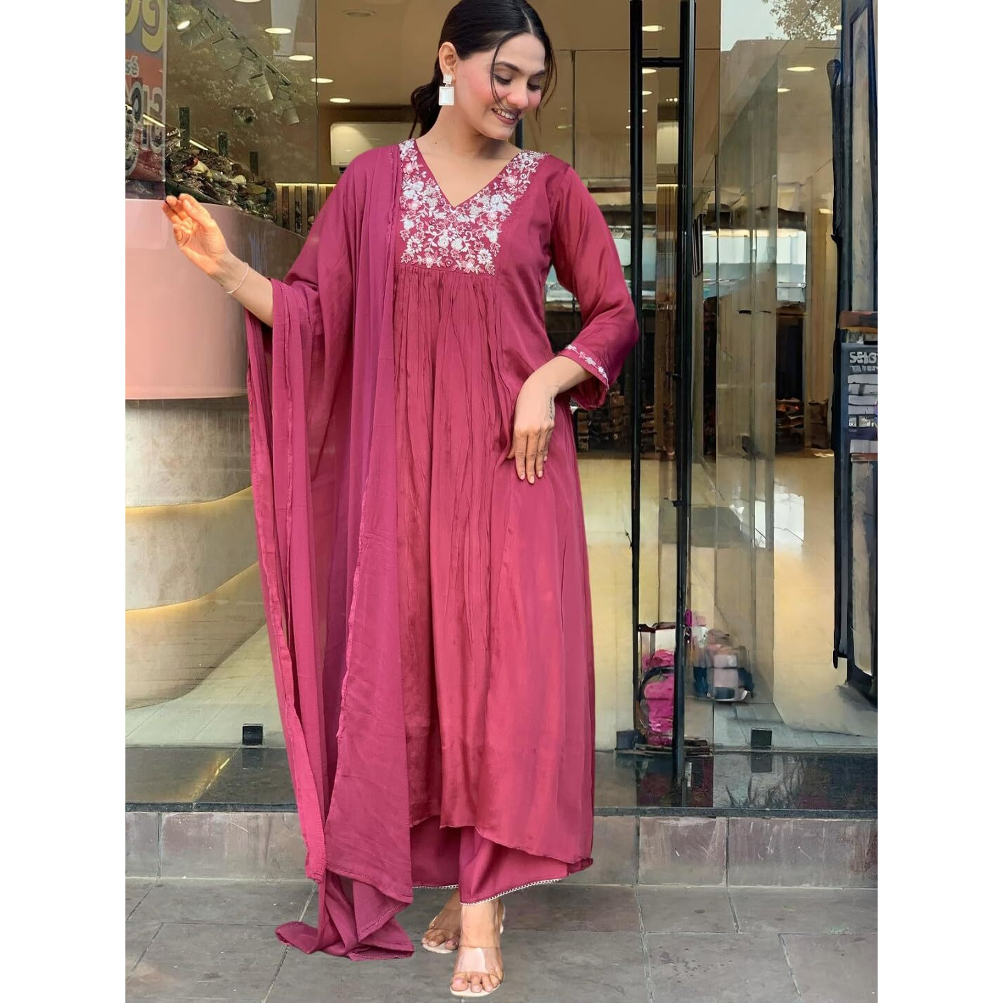 Women's Viscose Embroidered Flared Kurta with Pant And Dupatta Sets (S-Ayushi) (Size Large, Color Maroon)