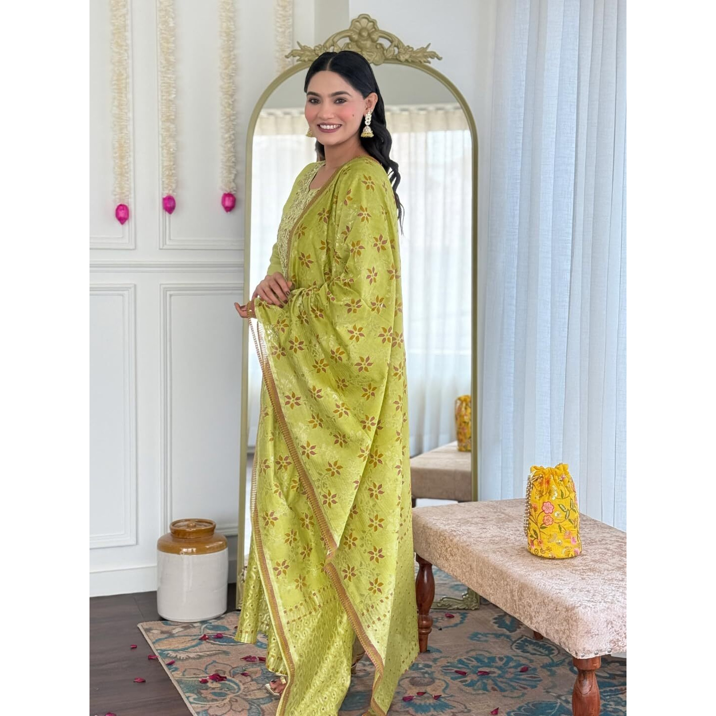 Navlik Women's Chanderi Viscose Embroidered Straight Kurta Pant and Dupatta Sets (S-Camila) (Size X-Large, Color Lime)