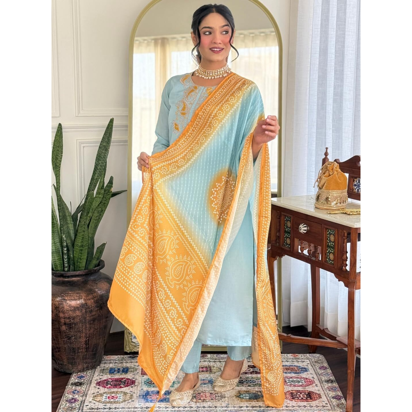Navlik Women's Chanderi Embroidered Straight Kurta with Pant and Dupatta Sets (NK-SC-Anna) (Size Small, Color Sky)