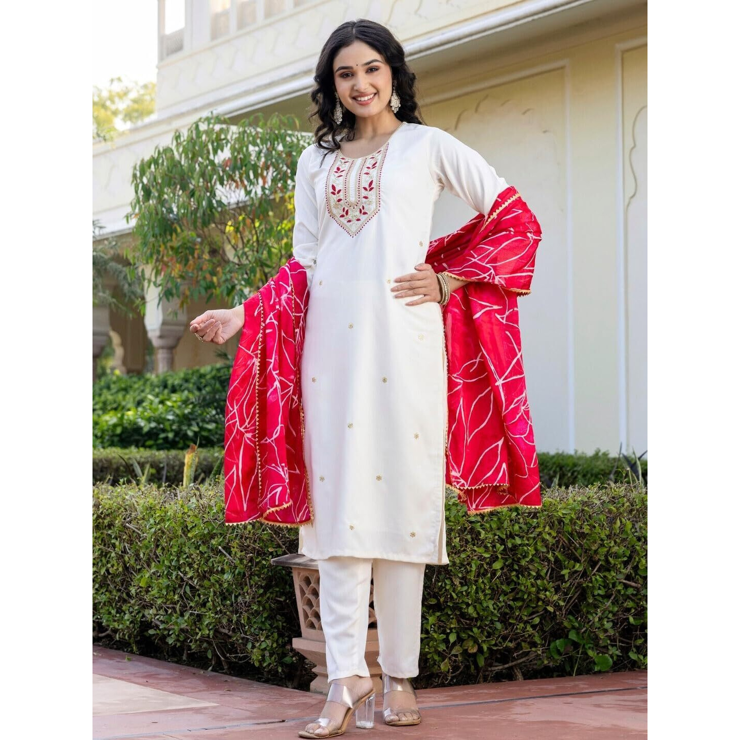 Navlik Women's Off White Rayon Slub Embroidered Straight Kurta with Rayon Slub Pant and Dupatta set (SC-Deval) (Size XX-Large, Color Offwhite)