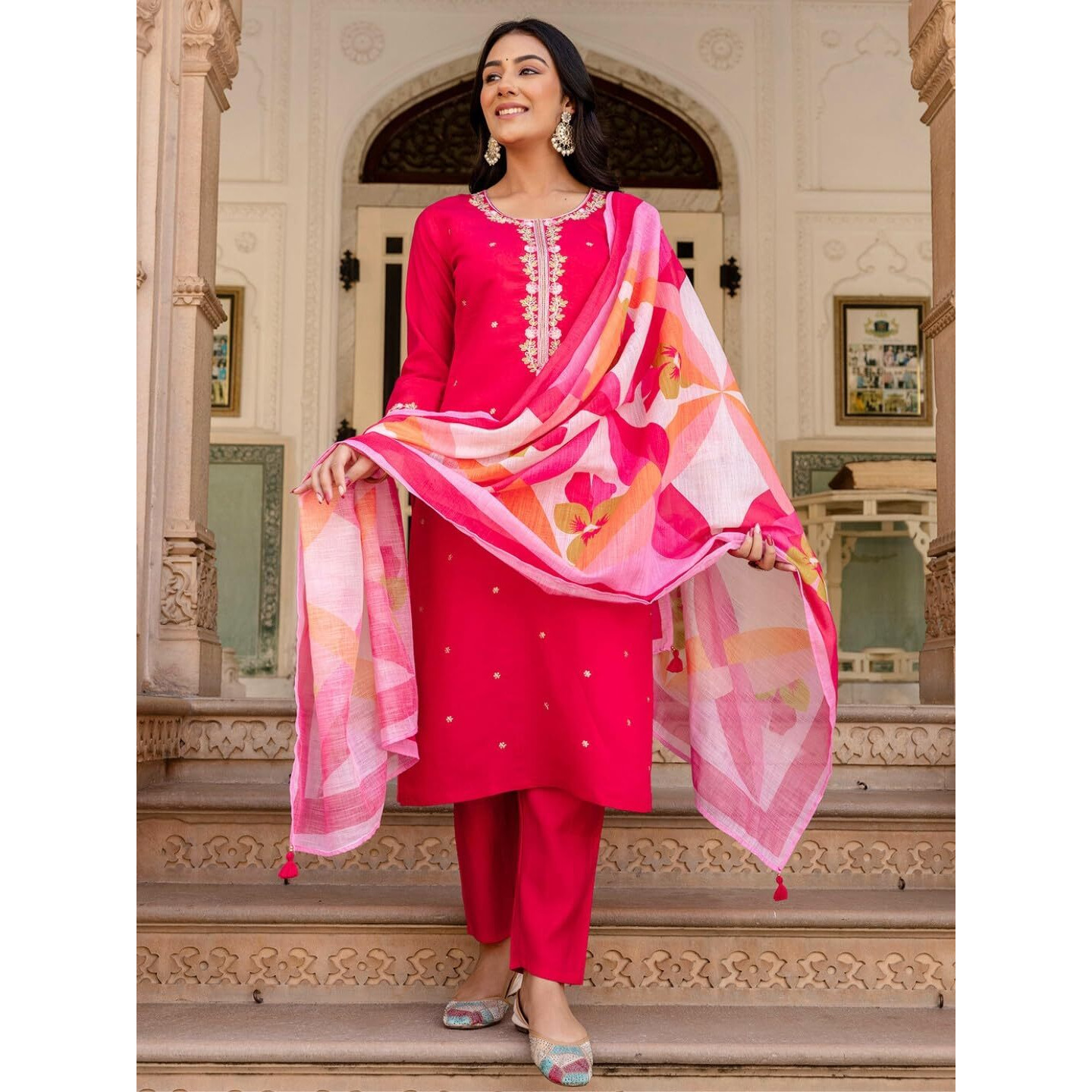 Navlik Women's Chanderi Viscose Embroidered Straight Kurta with Pant and Dupatta Sets (S-Charmi) (Size X-Large, Color Red)